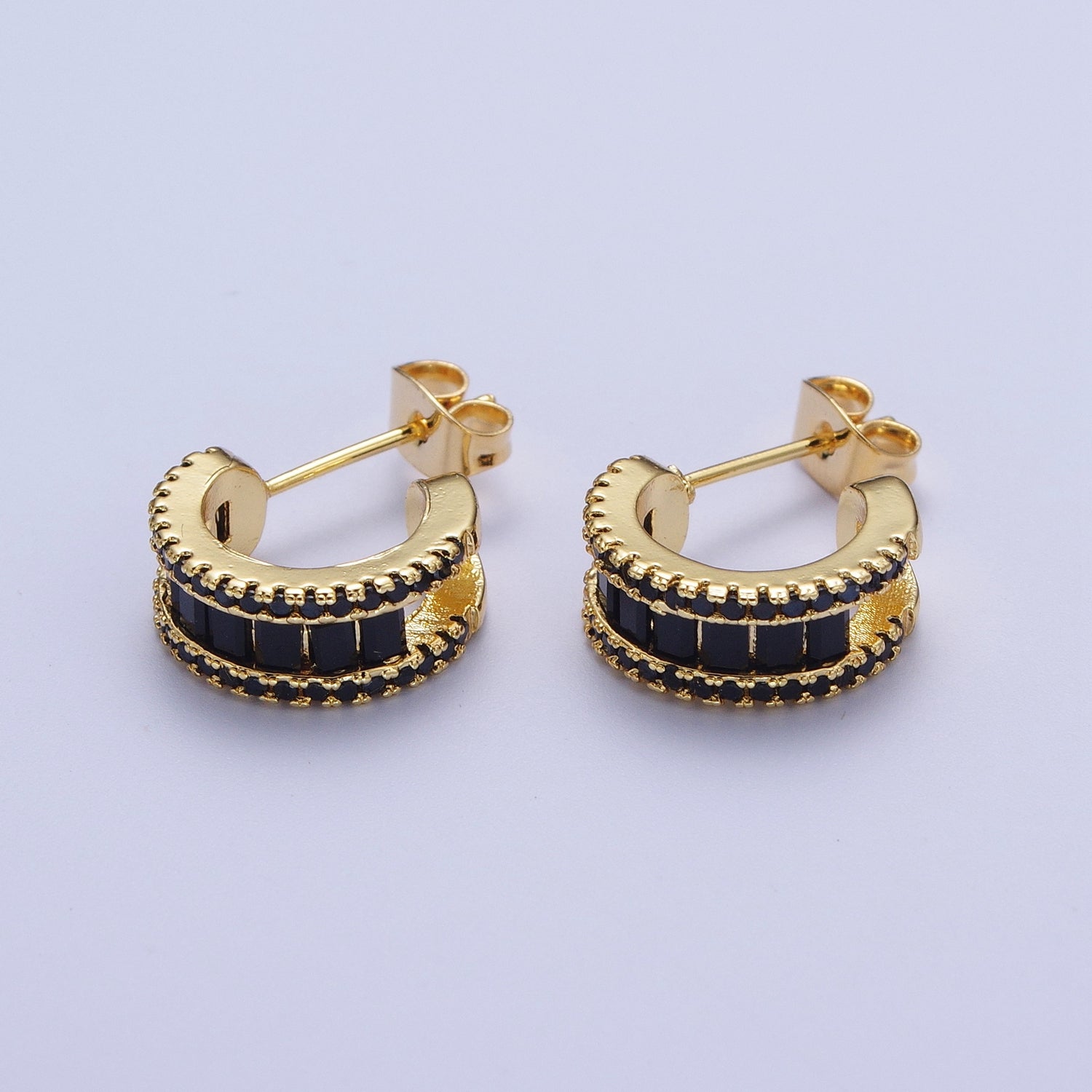 Gold Clear Black Green G042 Baguette Micro Paved Cubic Zirconia Wide C Shaped Hoop Stud Earrings | G030 G031 G036 G046 - DLUXCA