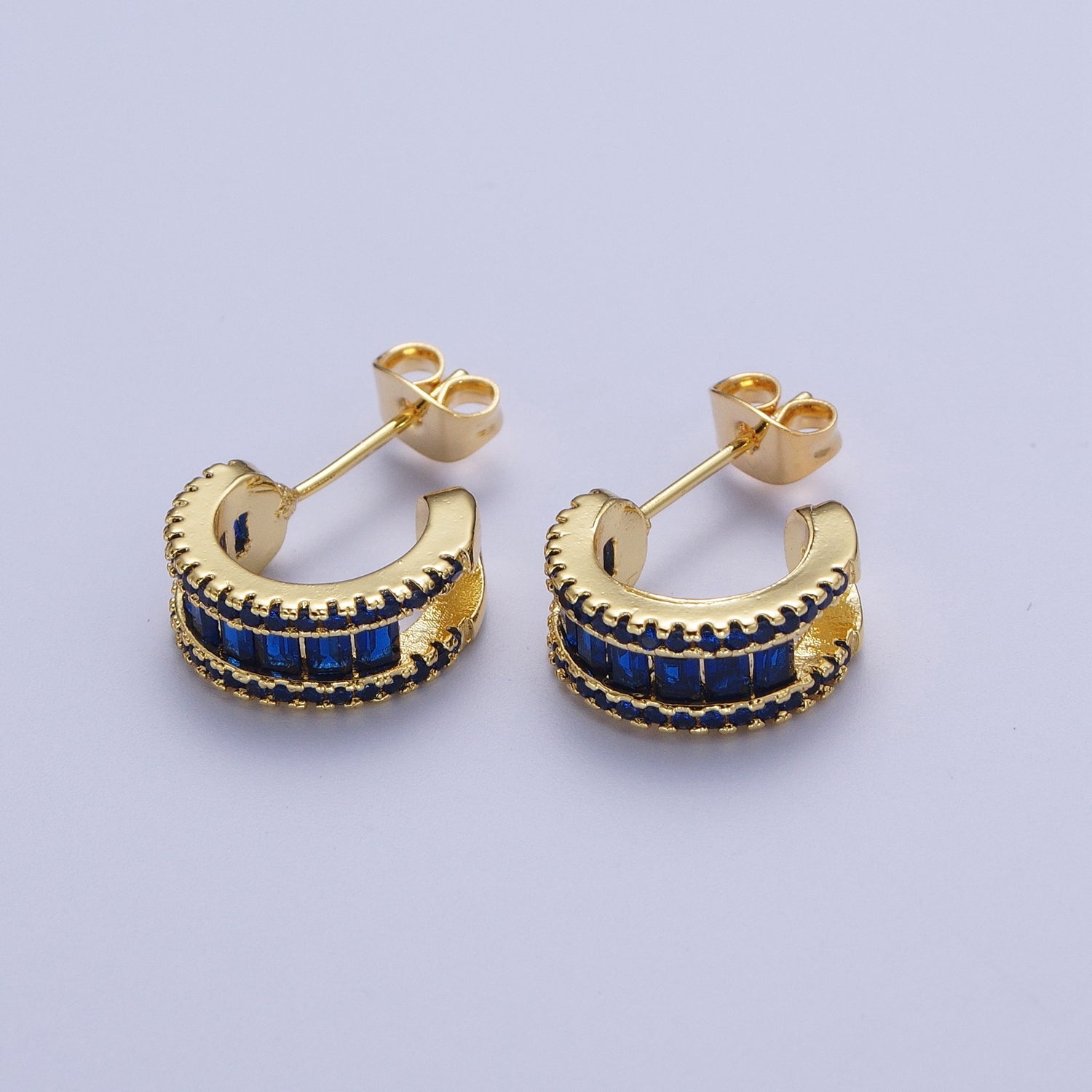 Gold Clear Black Green G042 Baguette Micro Paved Cubic Zirconia Wide C Shaped Hoop Stud Earrings | G030 G031 G036 G046 - DLUXCA