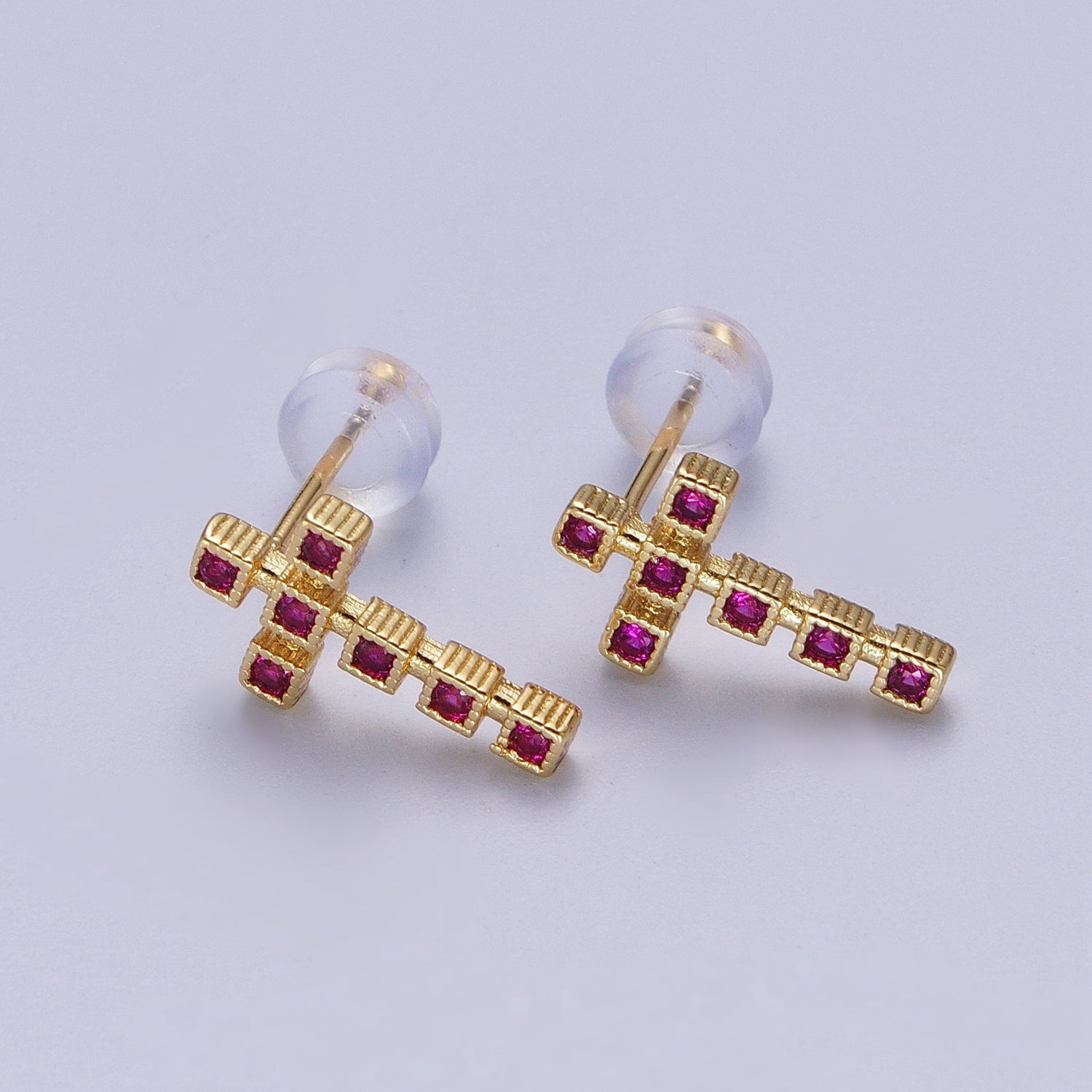 Clear Green Fuchsia Cross Square Baguette Cubic Zirconia CZ Gold Religious Stud Earrings | G085 G087 G111 - DLUXCA