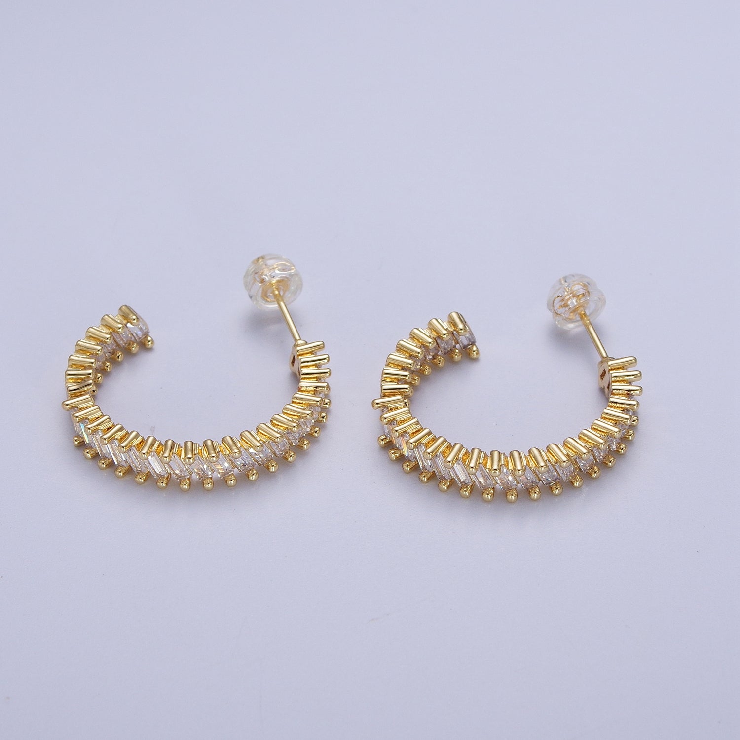 Clear Gold Baguette CZ Hoop Earrings | Gold Cubic Zirconia Earrings | Gold CZ Earrings | Baguette Hoop Earrings | CZ Baguette Earrings G-138 - DLUXCA