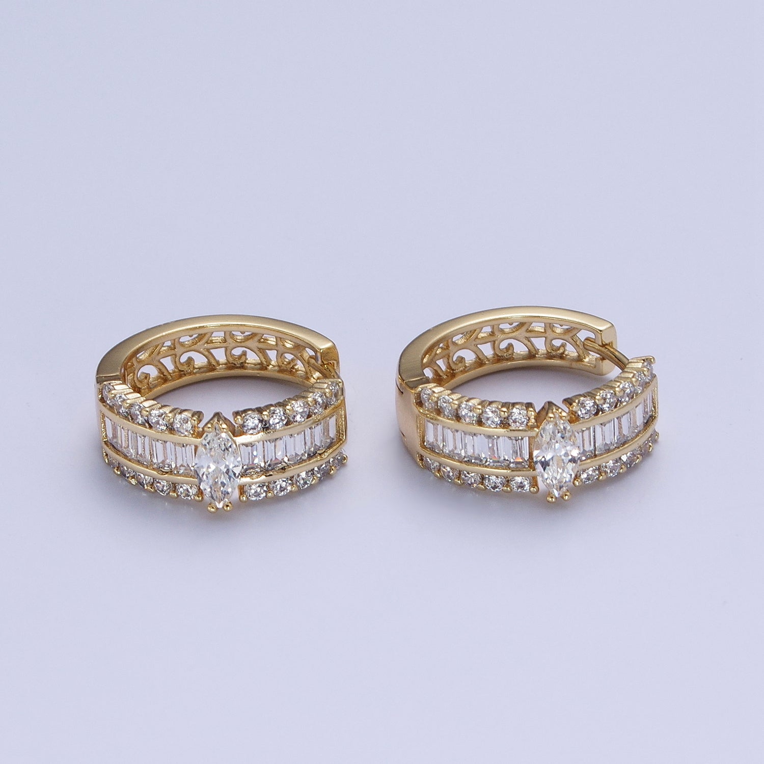Gold Marquise Hoops Medium Huggie CZ Diamond Earrings • Dainty Hoops for your Earring G-341 - DLUXCA