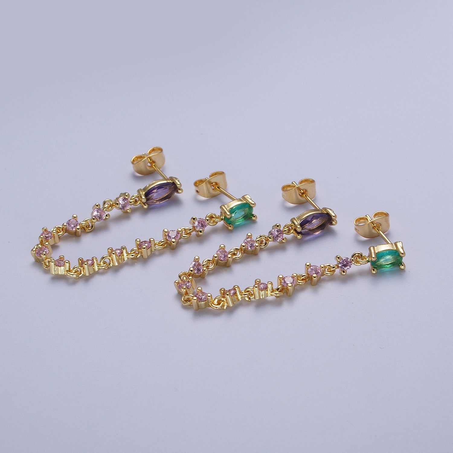 24K Gold Filled Pink Teal Multicolor Oval Double Cubic Zirconia Stud Chained Earrings | G919 - DLUXCA