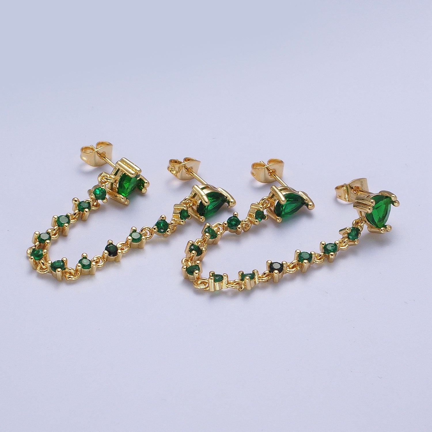 24K Gold Filled Emerald Green Double Cubic Zirconia Teardrop Round Stud Chain Earring | G920 - DLUXCA