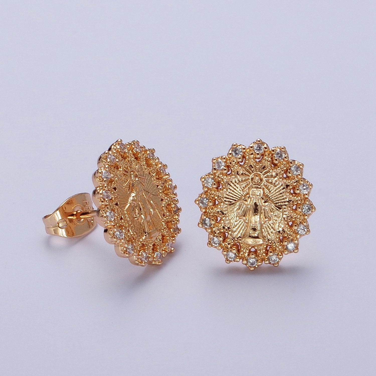 Micro Pave Gold Virgin Mary Stud Earring SUN Medallion Miraculous Lady Earring Catholic Religious Jewelry Gift G-922 - DLUXCA