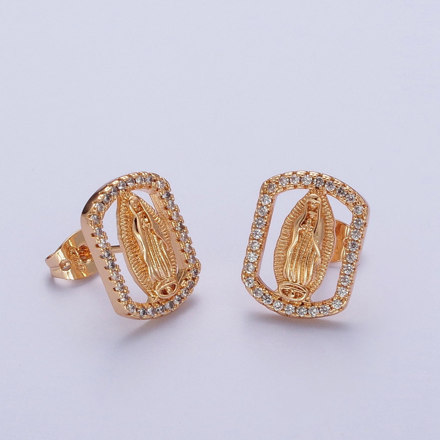 Micro Pave Gold Virgin Mary Stud Earring TAG Medallion Lady Guadalupe Earring Catholic Religious Jewelry Gift G-923 - DLUXCA