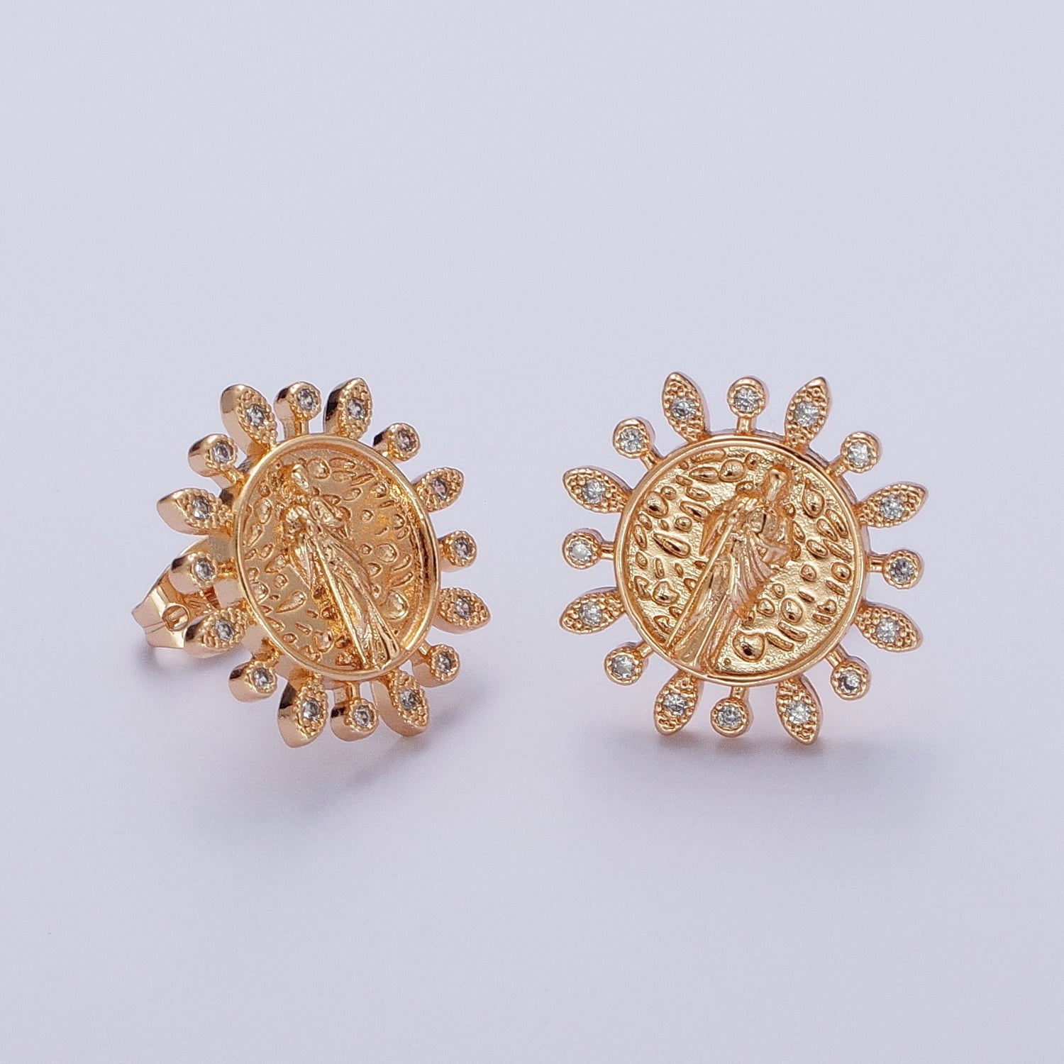 Gold Saint Jude Stud Earring Sun Medallion San Judas Earring Catholic Religious Jewelry Gift G-924 - DLUXCA