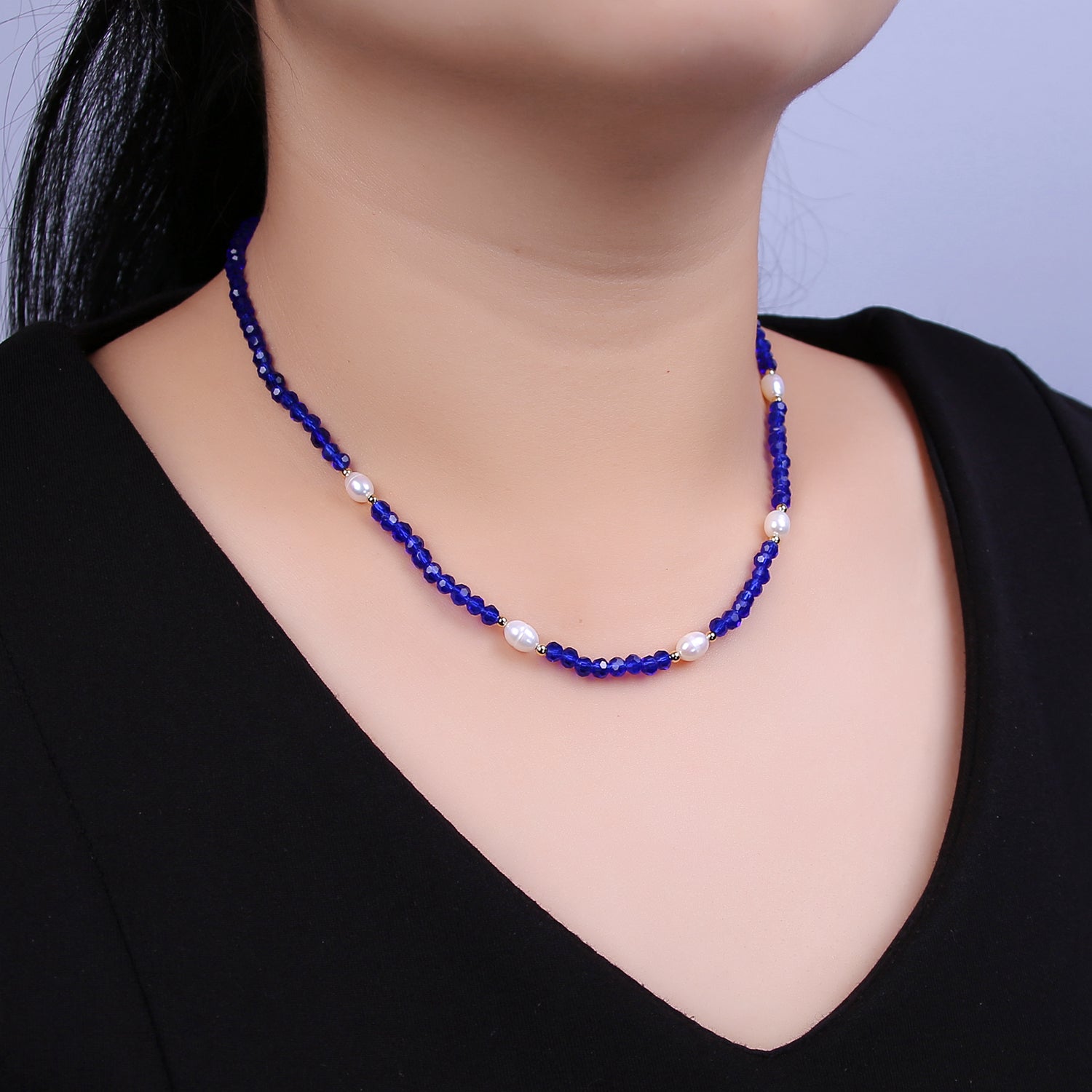 Pearl with Blue Glass Beaded Necklace, Dark Blue Faceted Rondell Beads Necklace WA-592 - DLUXCA