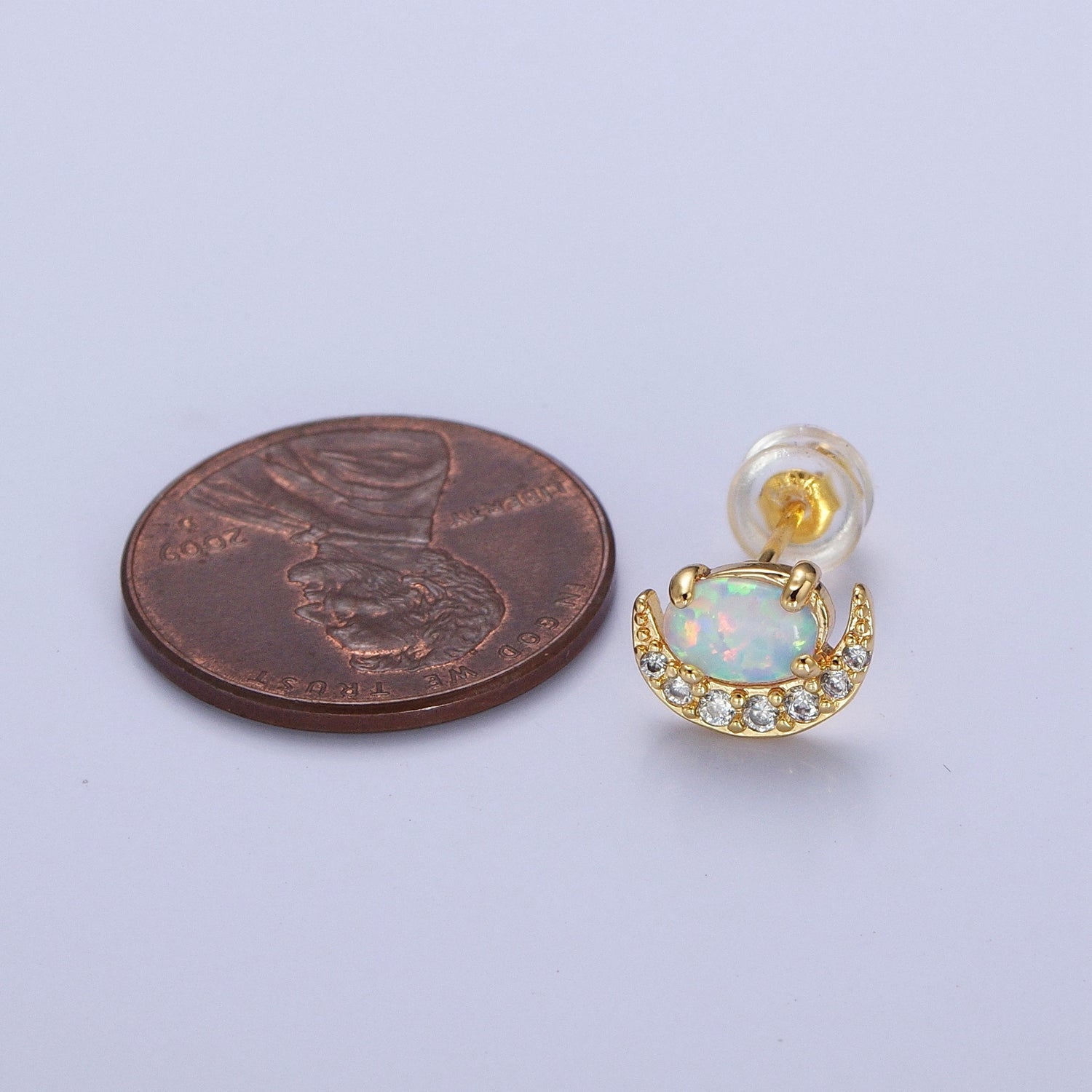 Mini 14K Gold Filled Micro Pave Crescent Moon CZ White Opal Stud Earrings | Y088 - DLUXCA