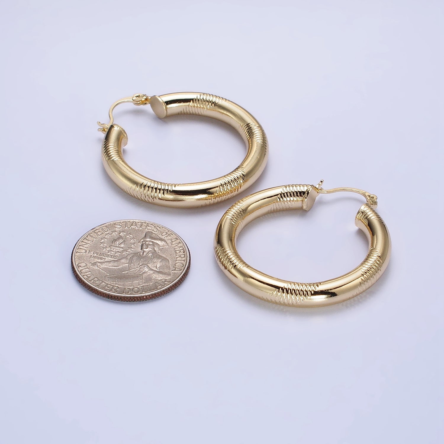 14K Gold Filled 40mm, 50mm, 60mm Line-Textured Statement Latch Hoop Earrings | AB208 AB207 AB209 - DLUXCA