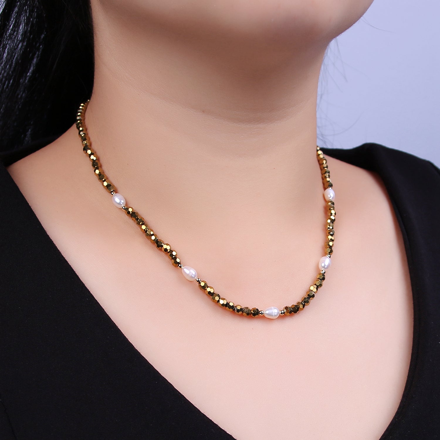 Pearl with Gold Glass Beaded Necklace, Gold Faceted Rondell Beads Necklace WA-609 - DLUXCA