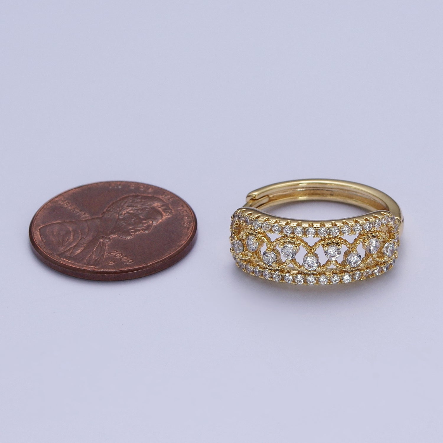 14K Gold Filled Elaborate Micro Paved Cubic Zirconia Wide Huggie Hoop Earrings | X908 - DLUXCA