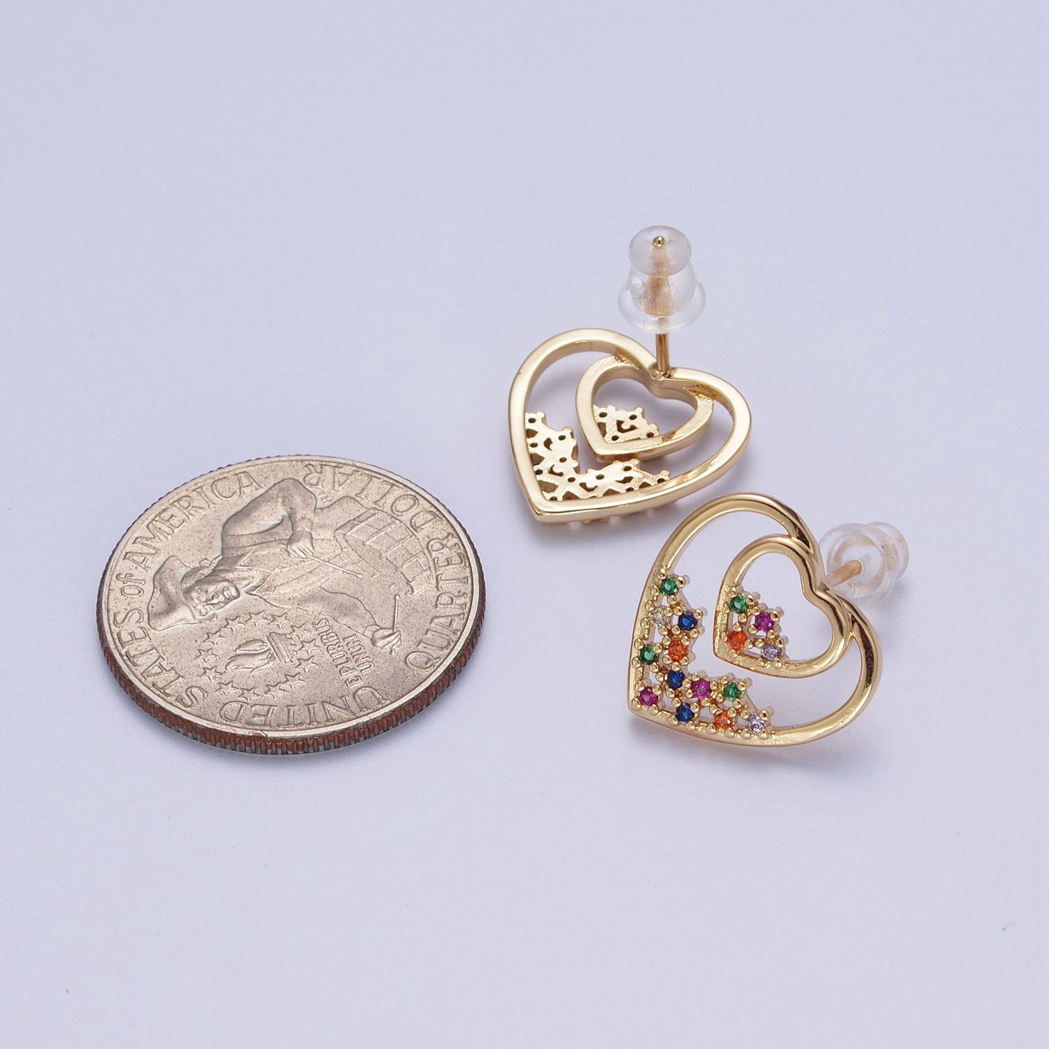 Gold Heart Stud Earring Rainbow Cz Stud Earring G-378 - DLUXCA