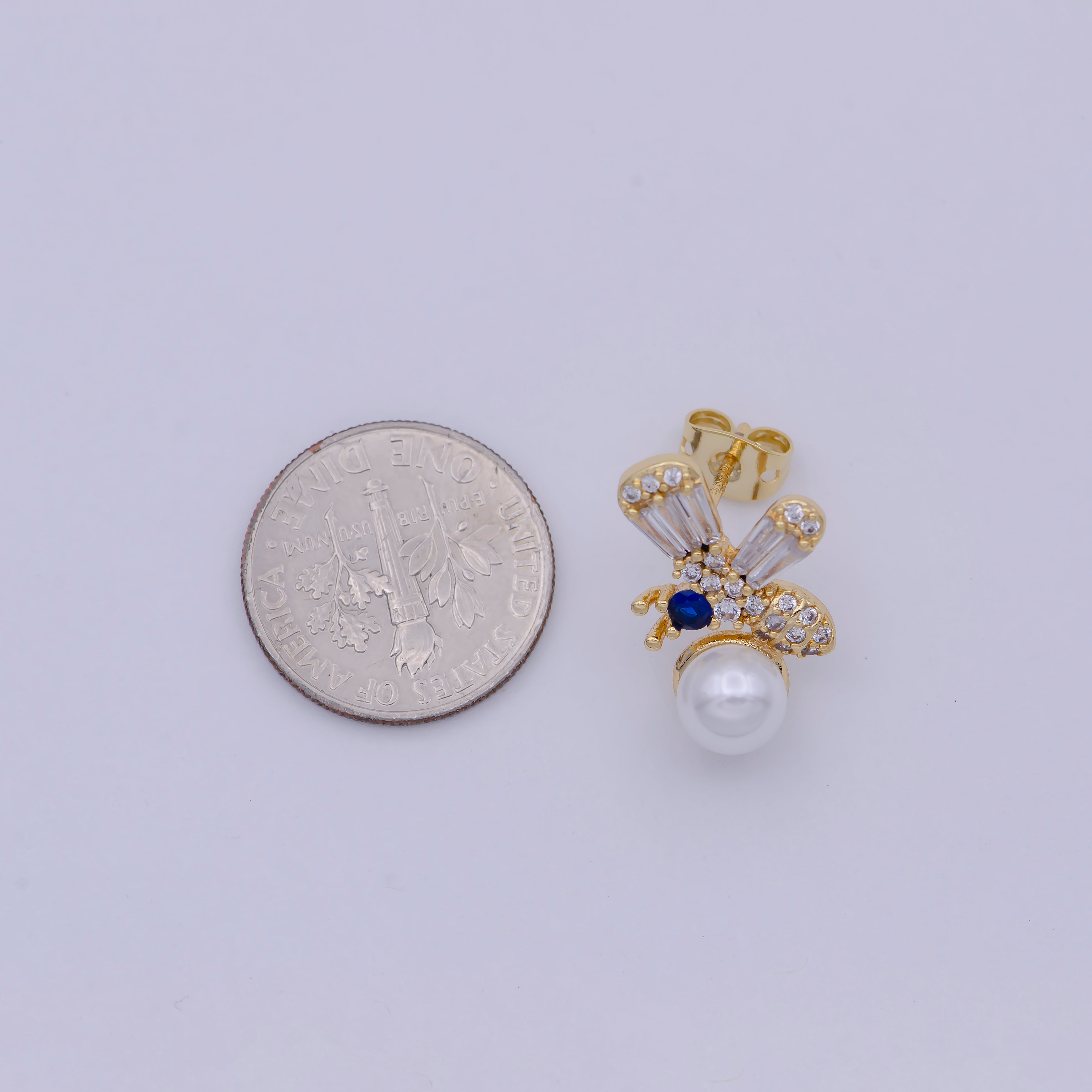 Gold Bee Stud earrings • Pearl Earrings • Honey Bee Earrings • Queen Bee • Bumble Bee Earring Jewelry T-358 - DLUXCA