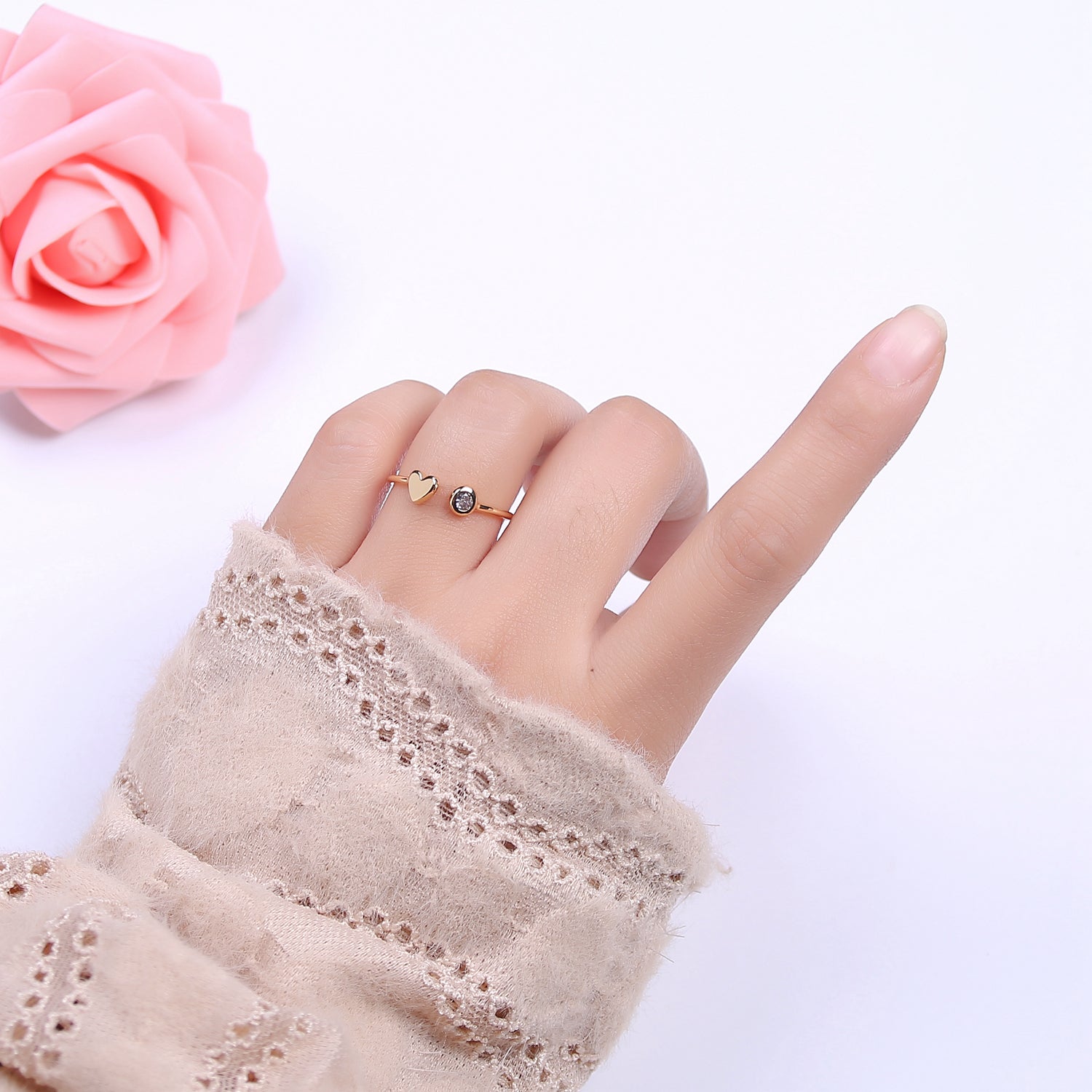 Minimalist Crystal Zirconia CZ, 16K Gold Filled Geometric Heart Open Adjustable Ring U346 - DLUXCA