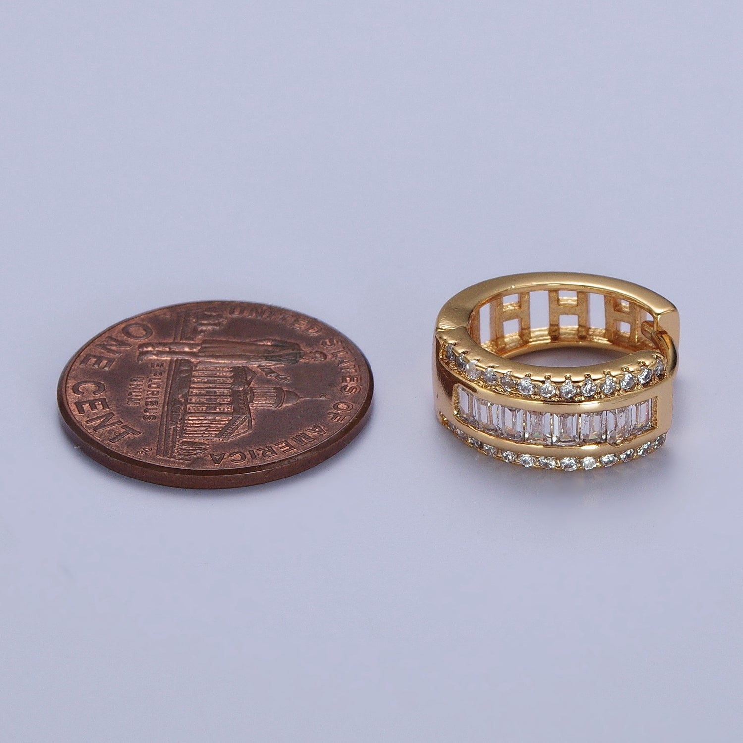 16K Gold Filled Micro Paved Baguette Lined Cubic Zirconia Huggie Hoops Earrings | X844 - DLUXCA