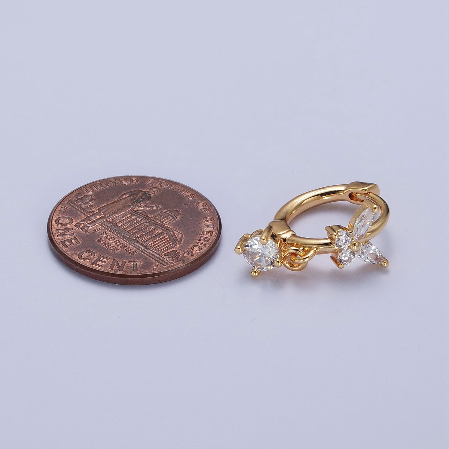 16K Gold Filled Mariposa Butterfly Lined Huggie with Round Cubic Zirconia Dangle Drop Hoop Earrings | X850 - DLUXCA