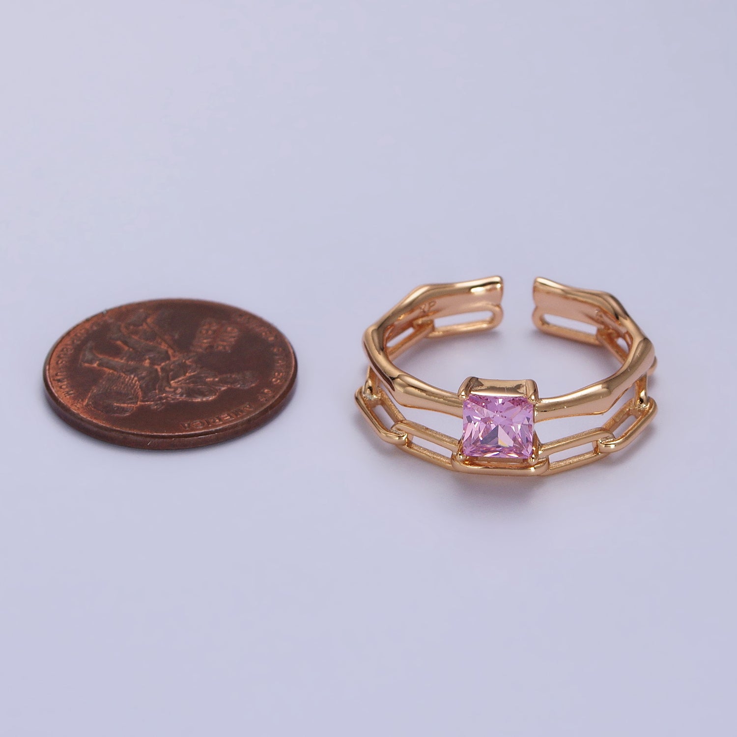 18K Gold Filled Pink Square CZ Bamboo Paperclip Chain Double Band Ring | Y589 - DLUXCA