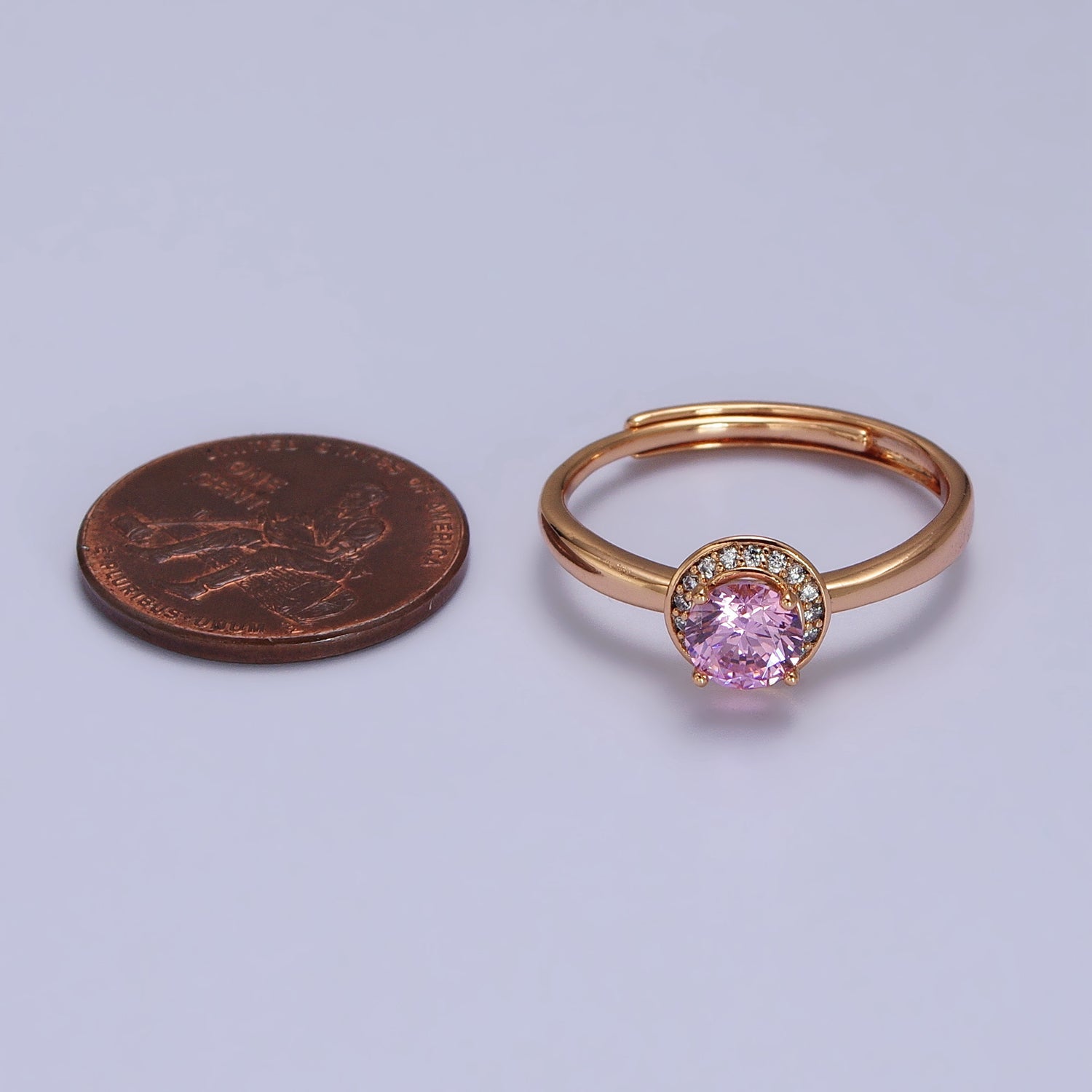 18K Gold Filled Pink Round Clear Micro Paved CZ Adjustable Ring | Y587 - DLUXCA