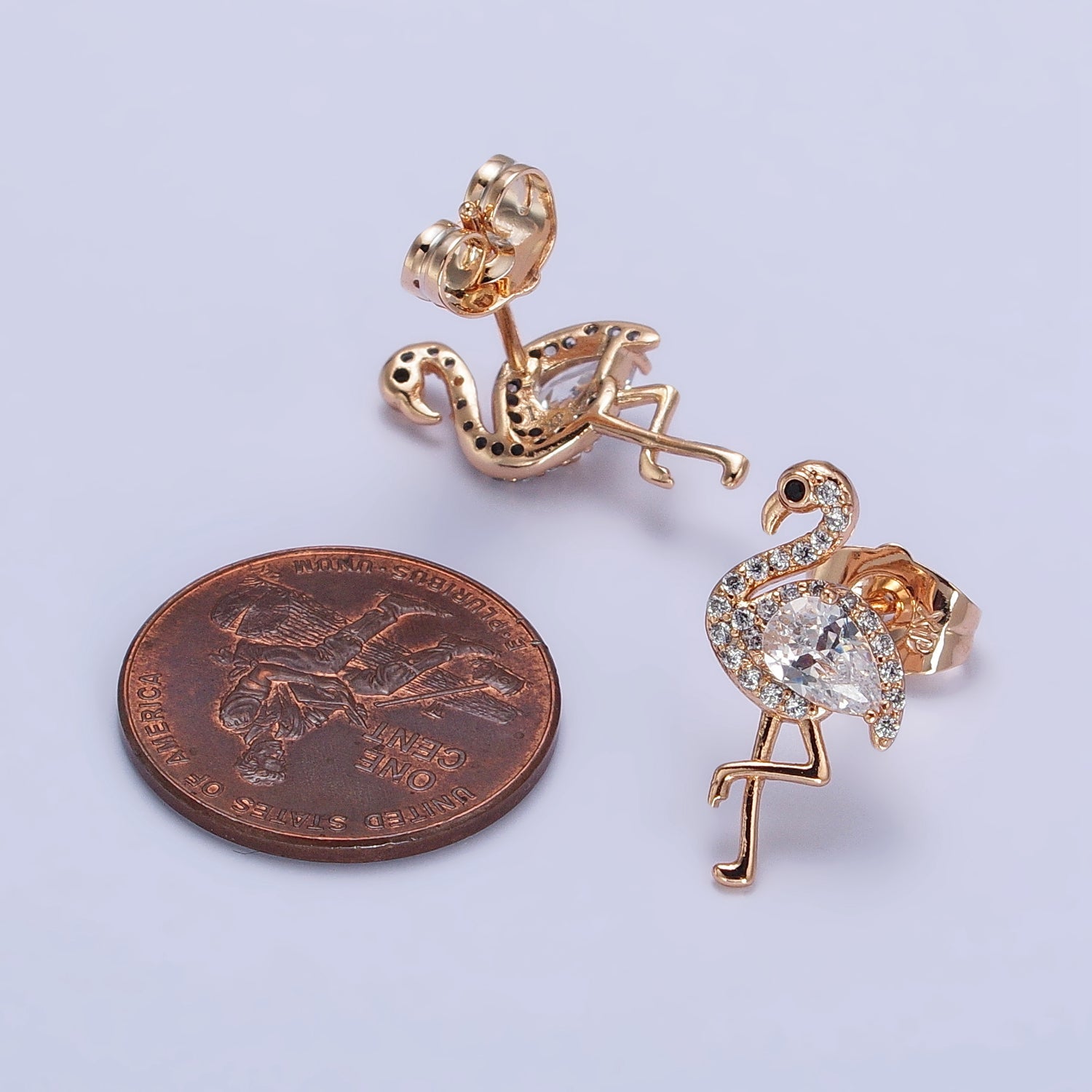 18K Gold Filled Flamingo Bird Micro Paved CZ Teardrop Stud Earrings | AB289 - DLUXCA