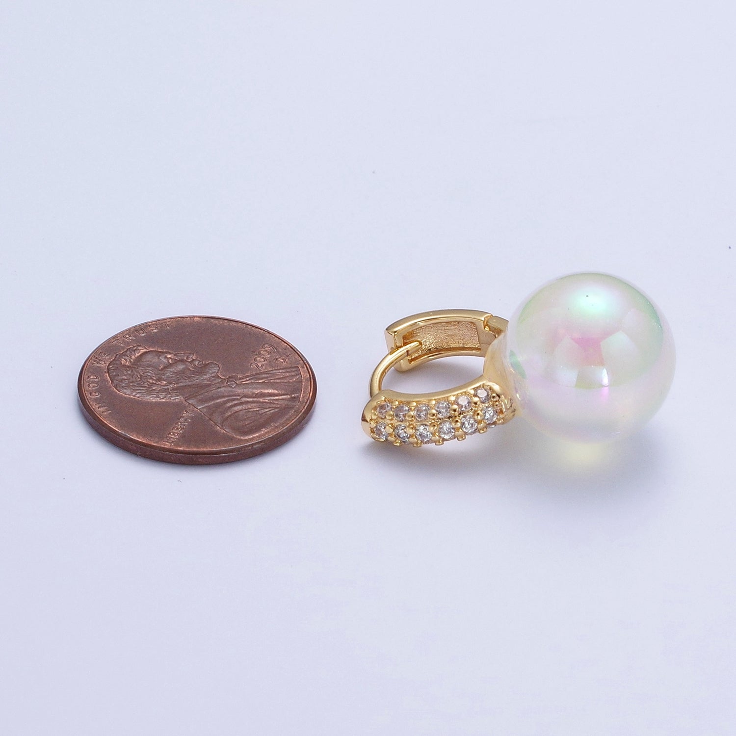 24K Gold Filled Micro Pave 15mm Huggie Hoop Earrings with Round White Pearl P-234 - DLUXCA