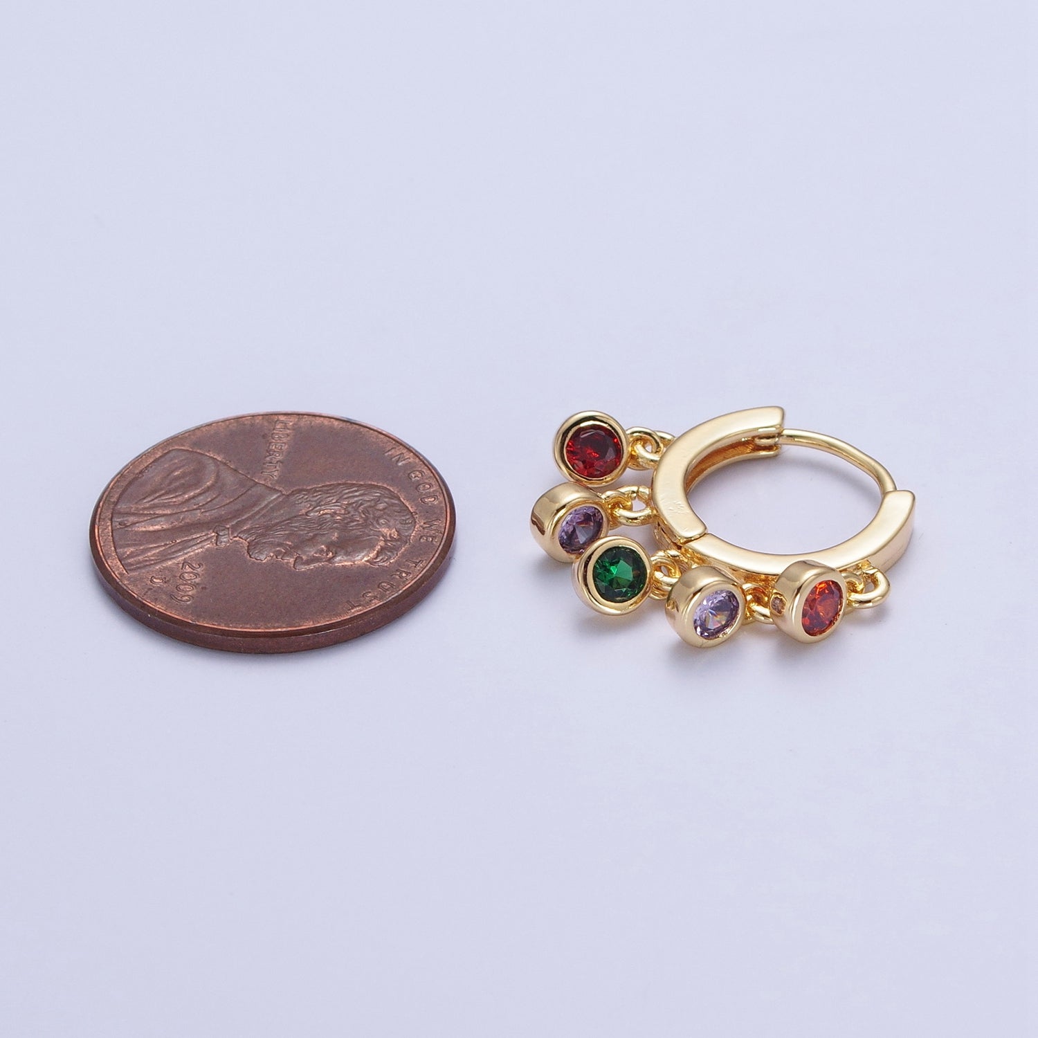 24K Gold Filled Multicolor Round Cubic Zirconia CZ Charm Dangle Huggie Hoop Earrings T-188 - DLUXCA