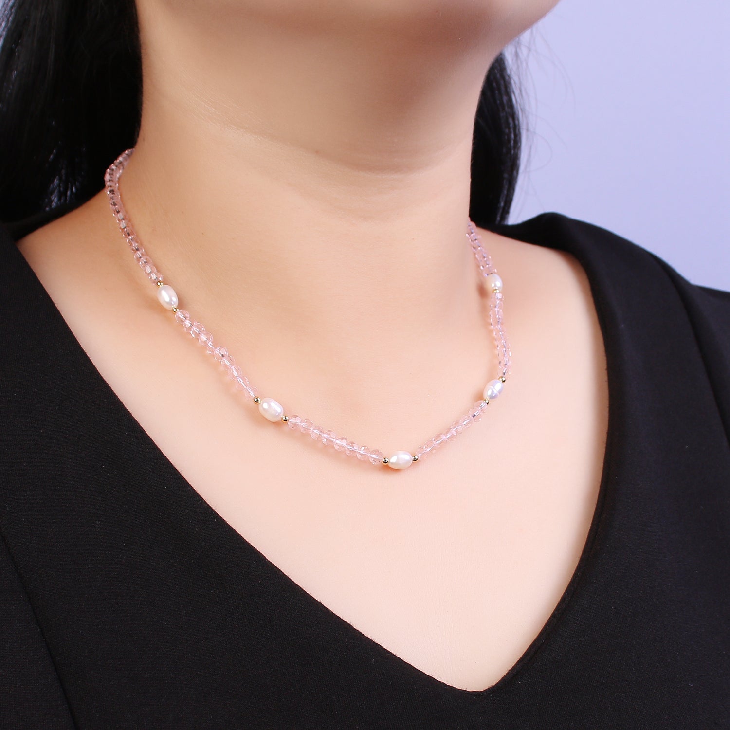 Pearl with Pink Glass Beaded Necklace, Rose Quartz Faceted Rondelle Beads Necklace WA-586 - DLUXCA