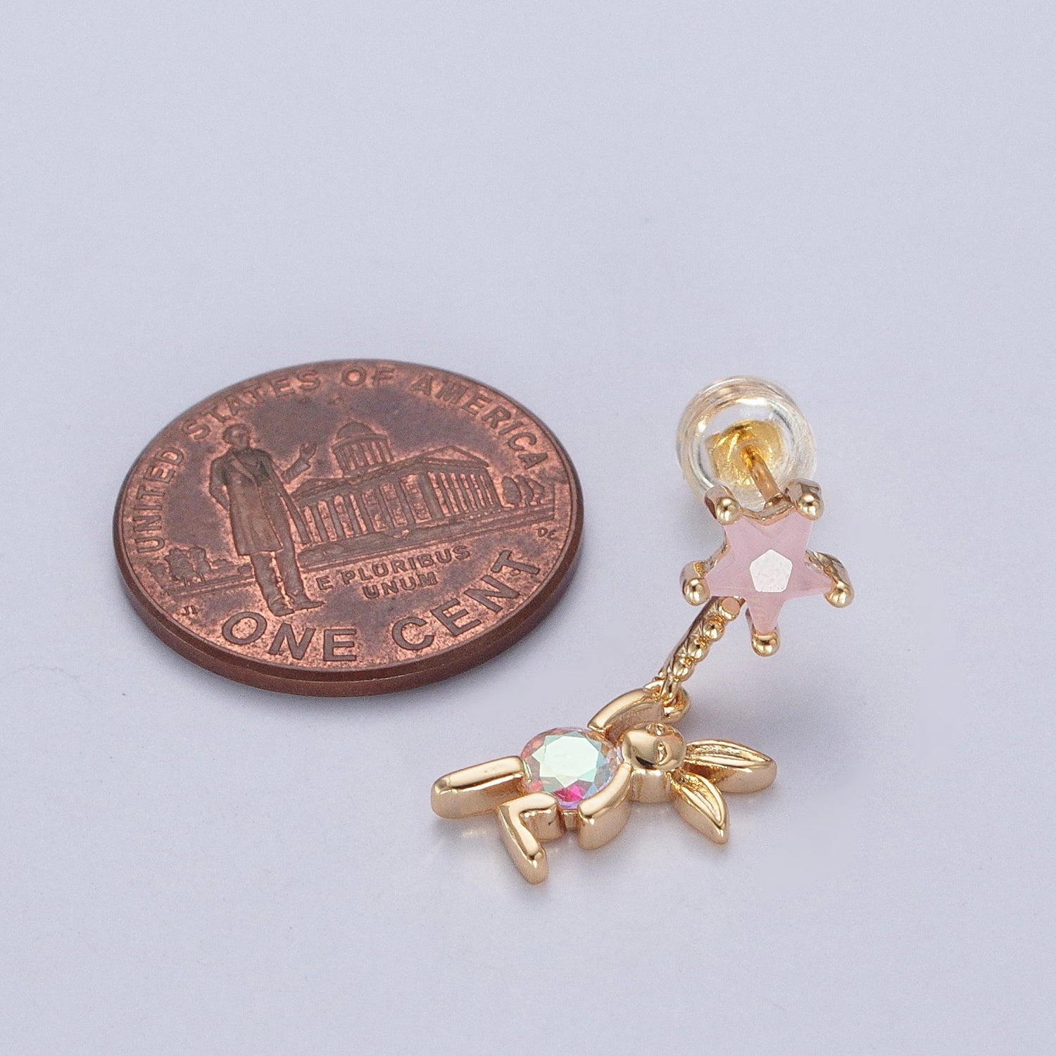 24K Gold Filled Cute CZ Pink Star Studs with Tiny Rabbit Charm Clear Cubic Zirconia Dangle Earrings, W-750 - DLUXCA