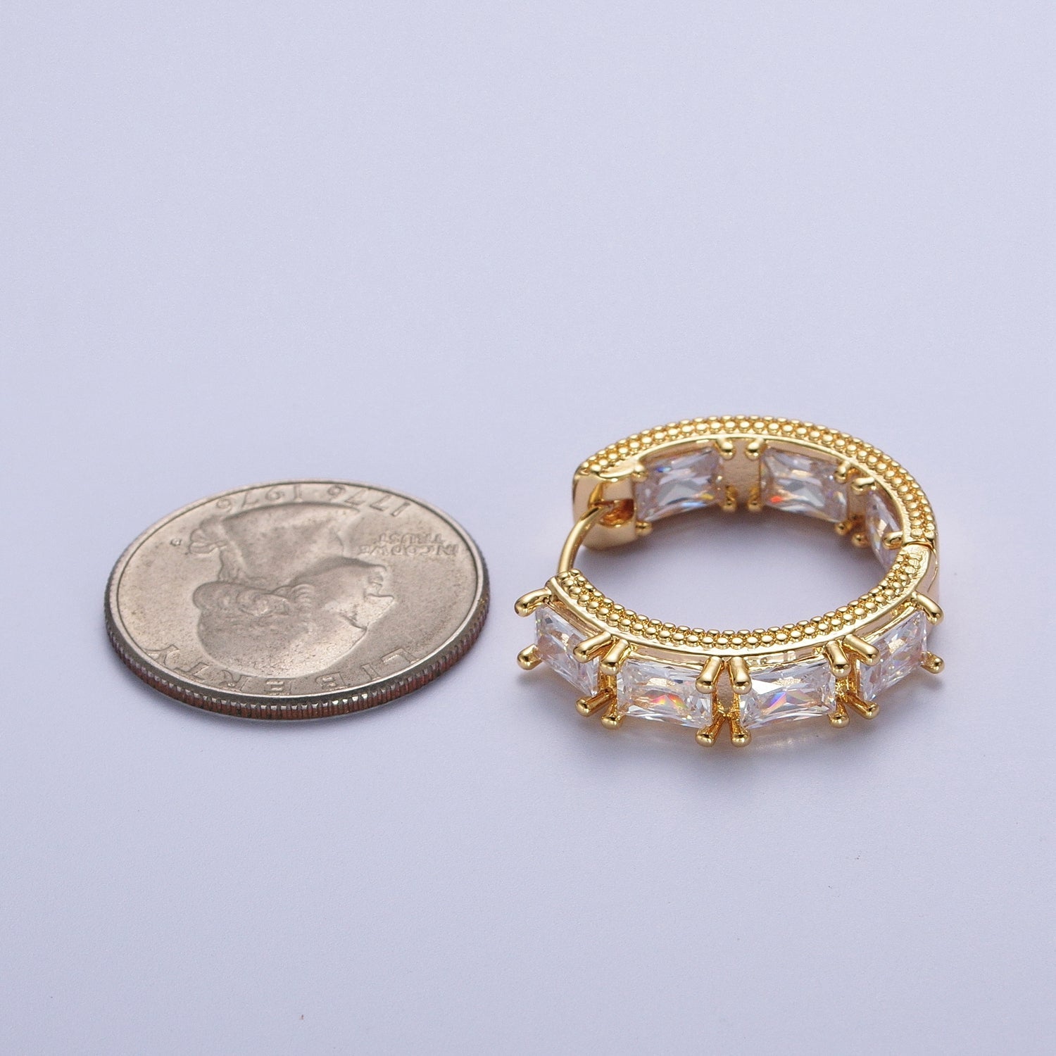24K Gold Filled Inside Outside Double Sided Baguette Cubic Zirconia Beaded Huggie Hoops Earrings | Y036 - DLUXCA