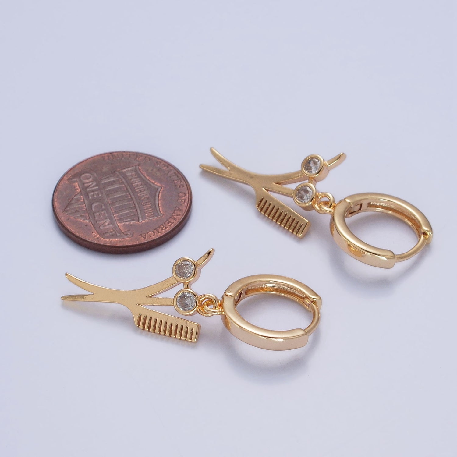 24K Gold Filled Hairdresser Barber Tools Scissors & Comb CZ Charm Dangle Huggie Hoop Earrings W771 - DLUXCA