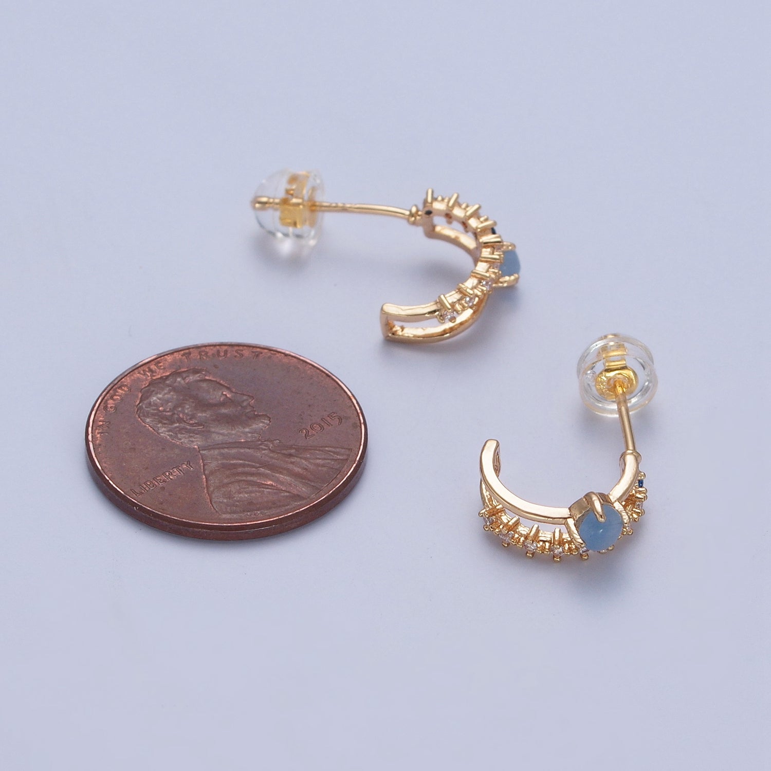 Dainty Double Band 24K Gold Filled Micro Pave Blue Clear Cubic Zirconia Stud Earrings W698 - DLUXCA