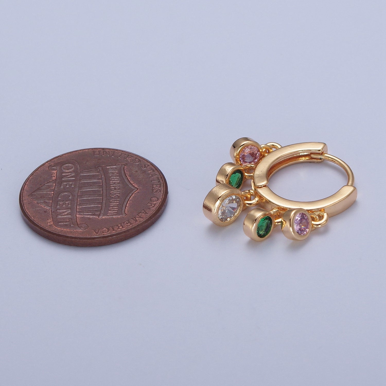 24K Gold Filled Multicolor Cubic Zirconia Clear Green Pink Charm Dangle Huggie Hoop Earrings W699 - DLUXCA