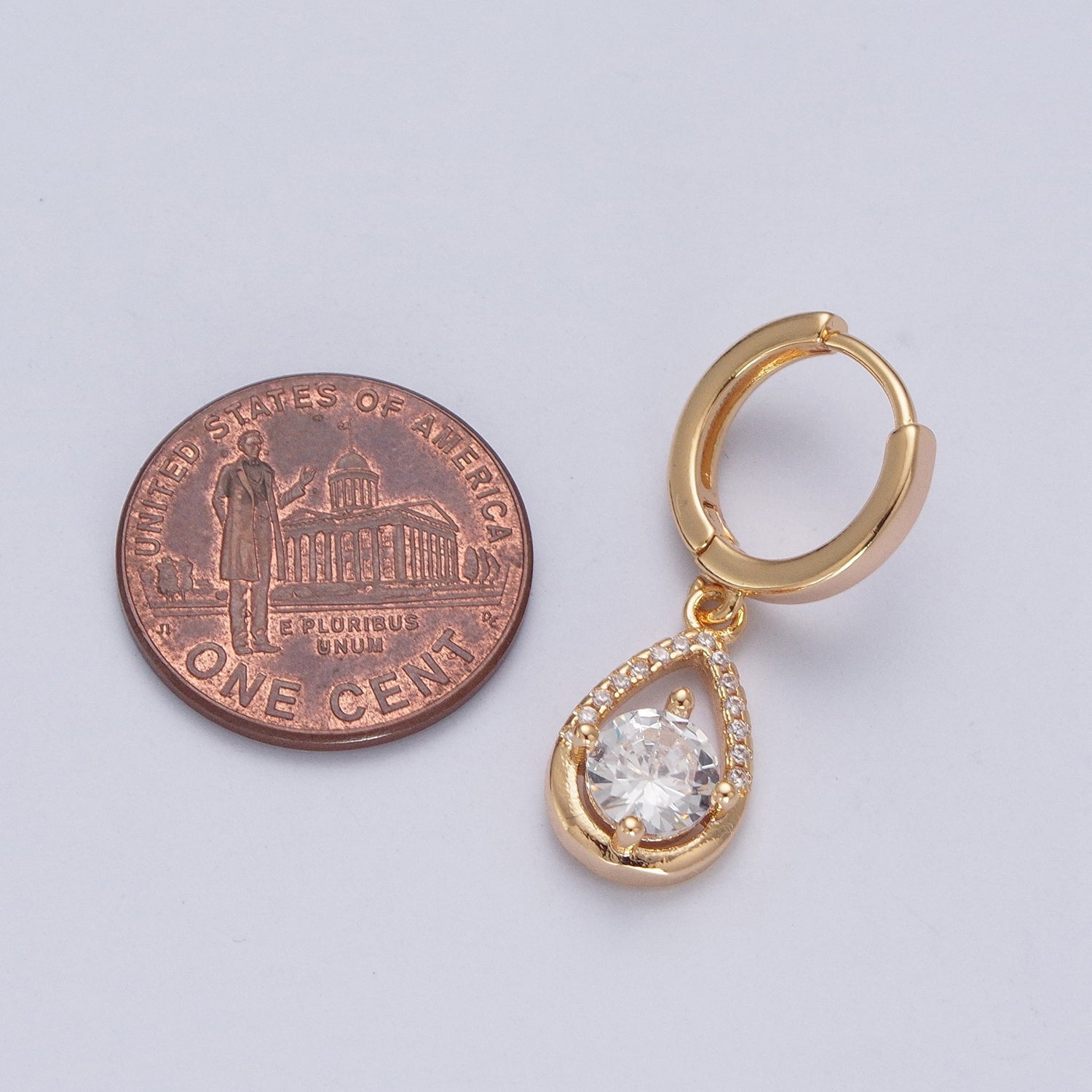 24K Gold Filled Teardrop Clear Cubic Zirconia Charm Dangle, Micro Pave Round CZ Dangle Huggie Hoops Earrings W-741 - DLUXCA