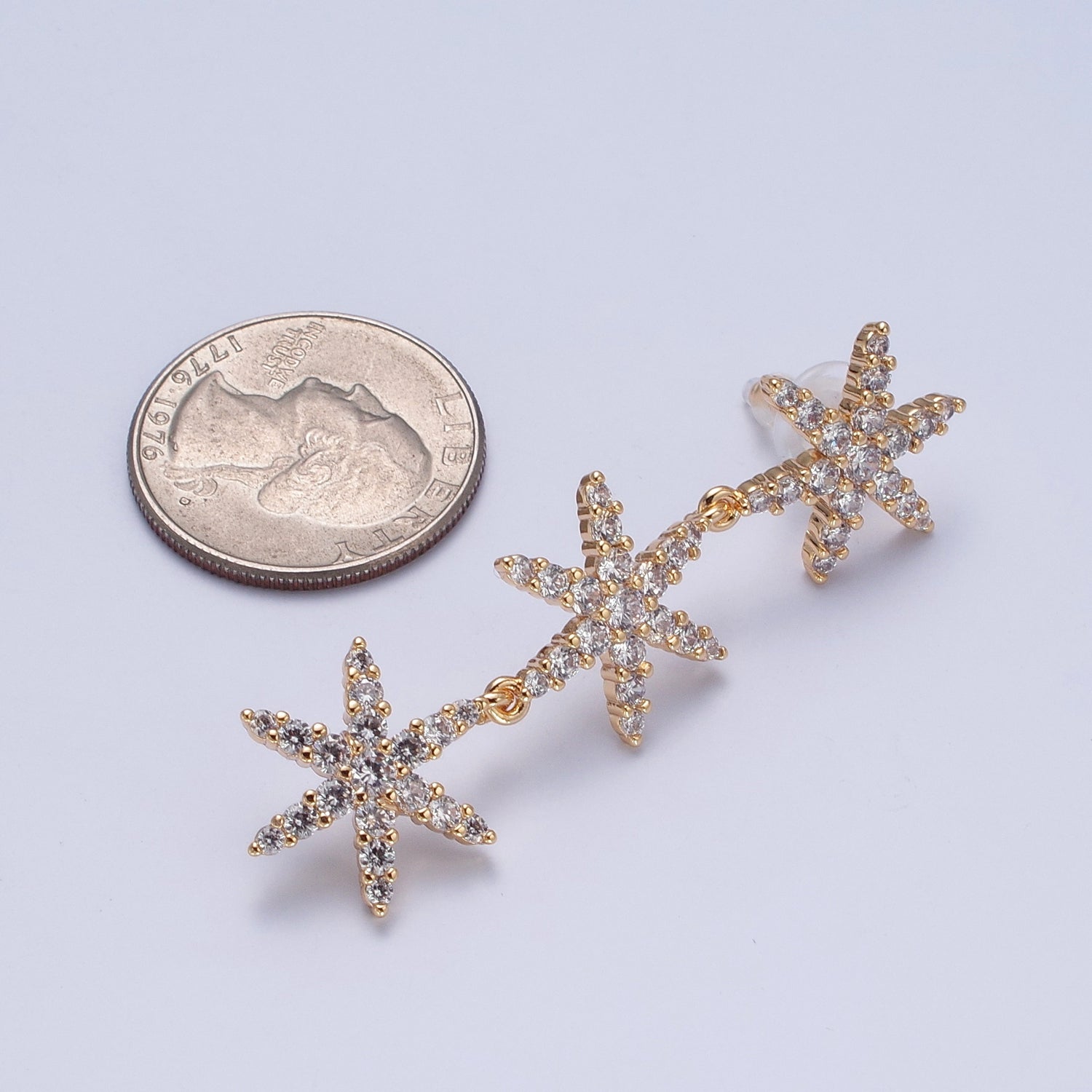 24K Gold Filled Micro Pave Star Dangle Stud Earrings W730 - DLUXCA