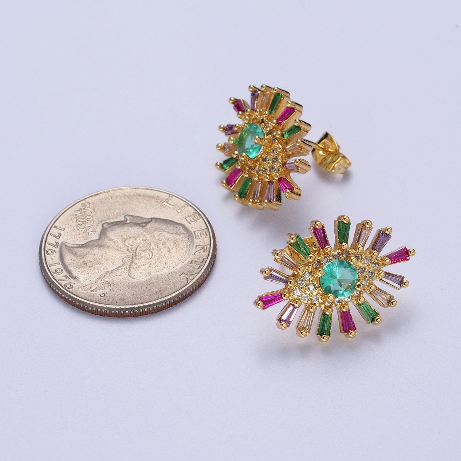 24K Gold Filled Micro Paved Eye of Ra Multicolor Baguette Cubic Zirconia Protection Stud Earrings | G136 - DLUXCA