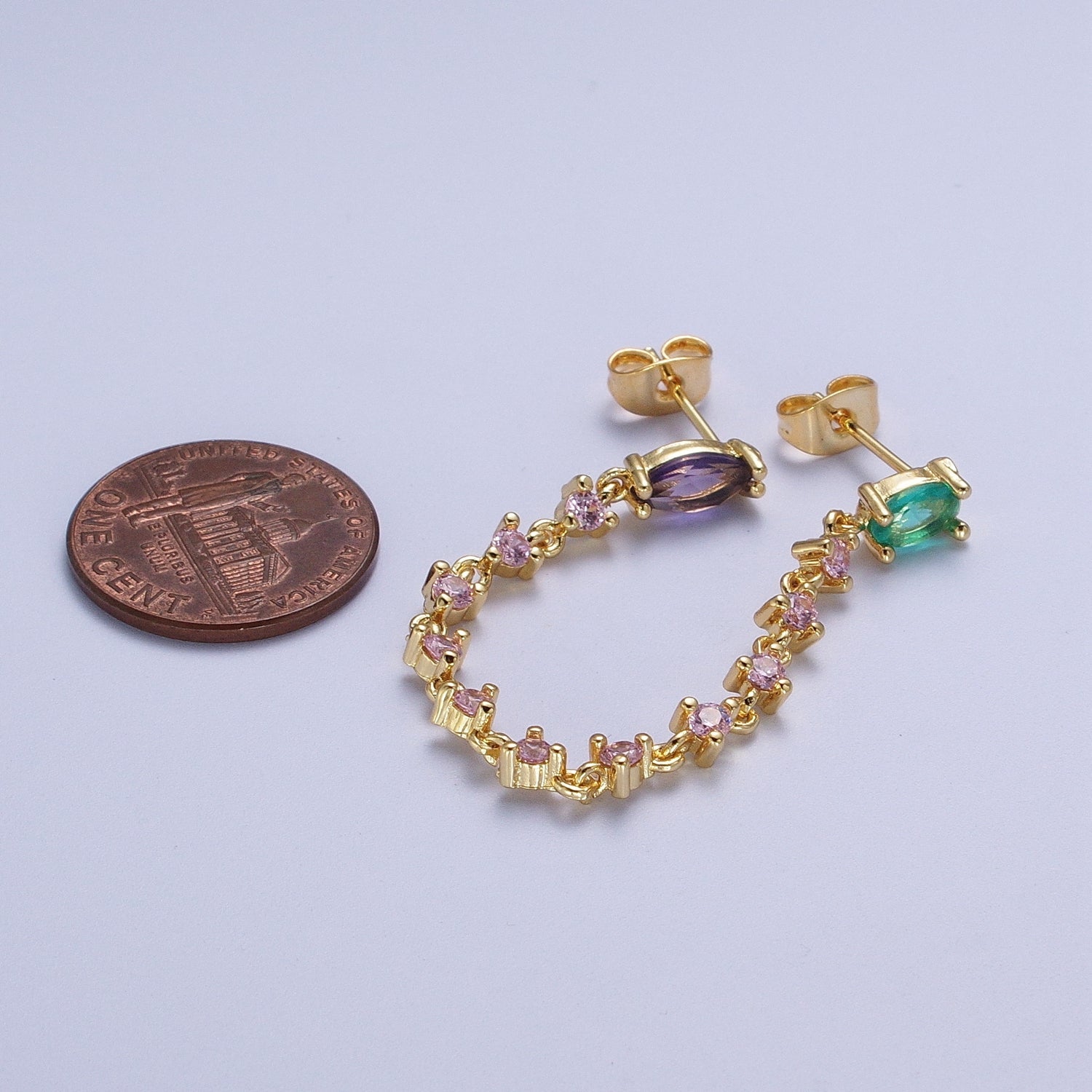 24K Gold Filled Pink Teal Multicolor Oval Double Cubic Zirconia Stud Chained Earrings | G919 - DLUXCA