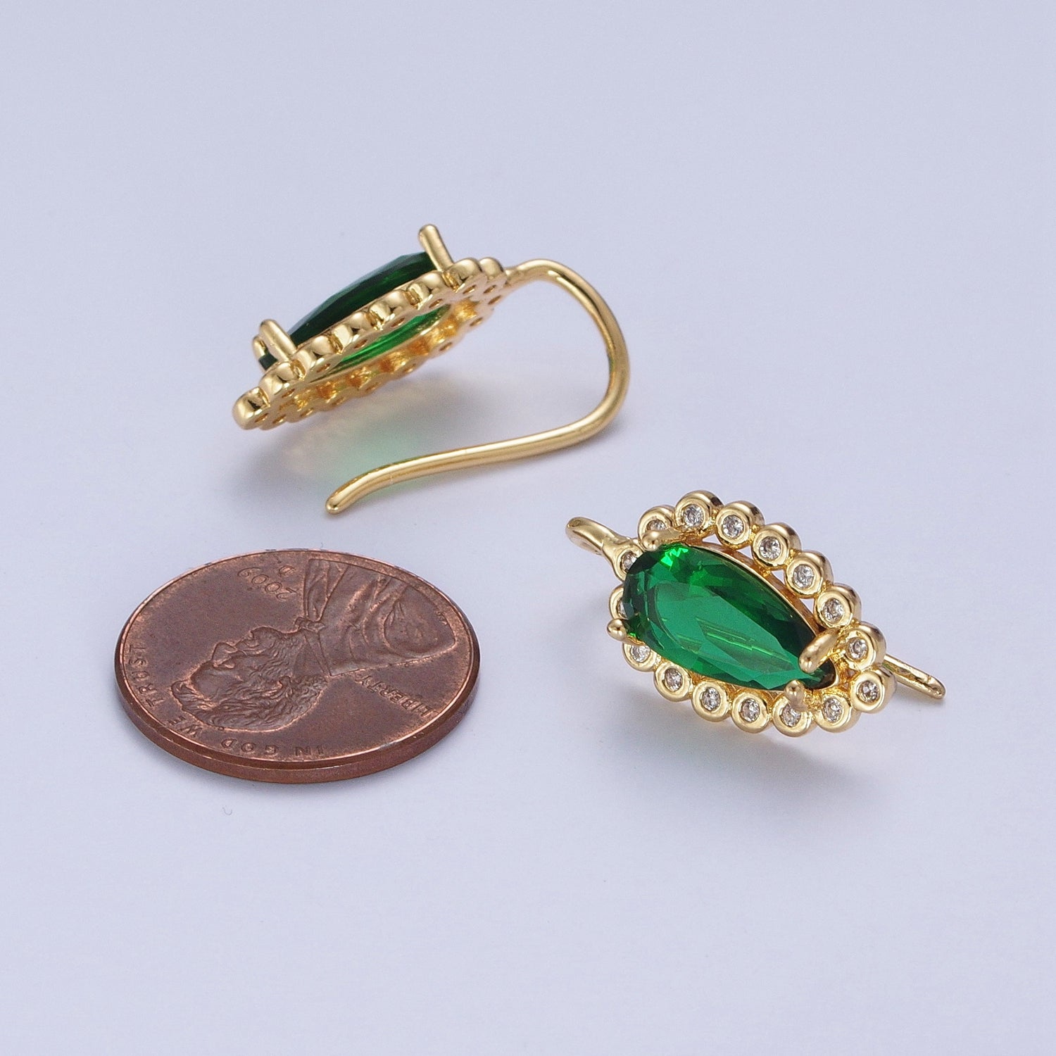 24K Gold Filled Green Teardrop Cubic Zirconia Hook Earrings Q-030 - DLUXCA