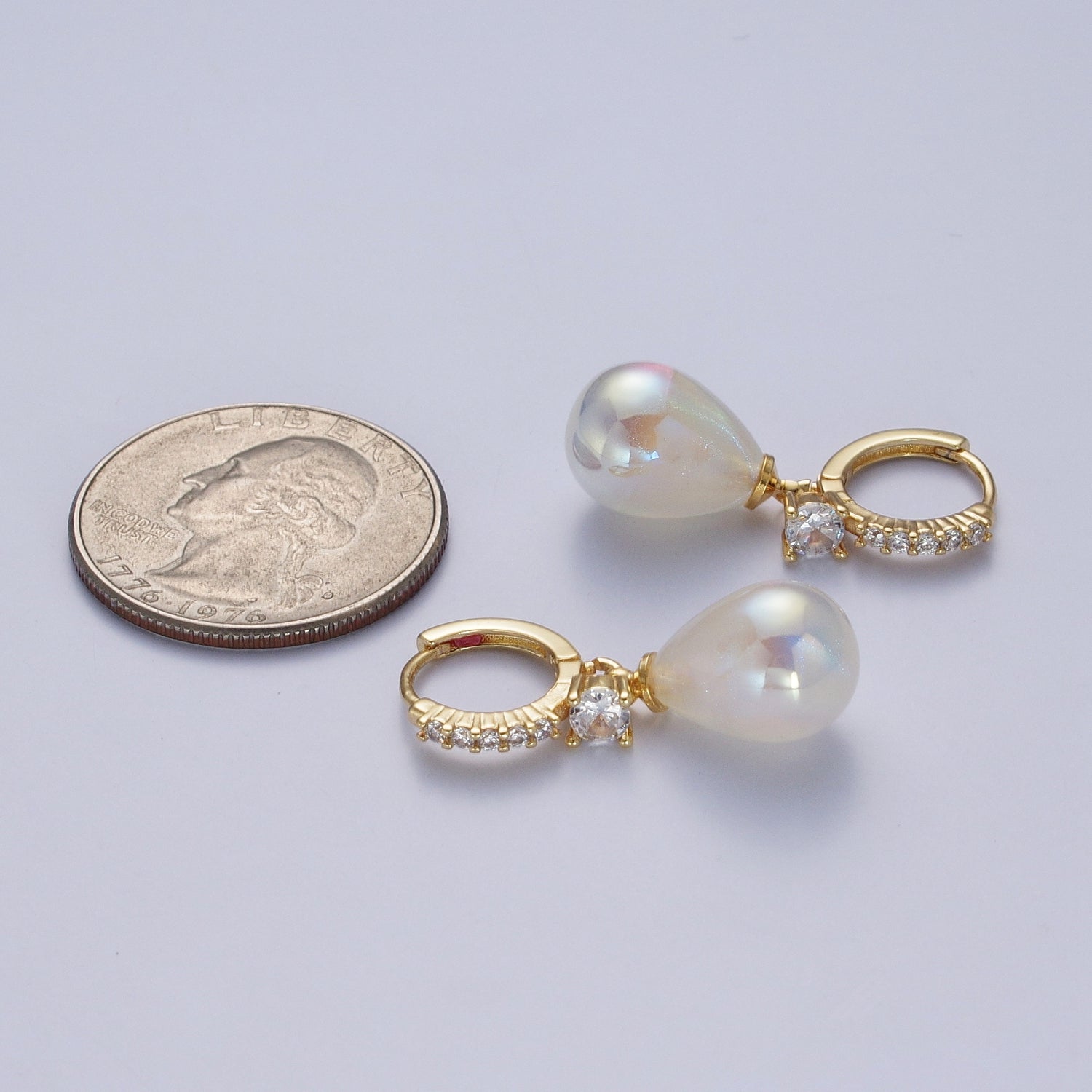 Simple Minimalist Micro Pave Cubic Zirconia Earrings, 24K Gold Filled Huggie Small Hoop Earrings with Round AB Color Pear Shape Ball X822 - DLUXCA