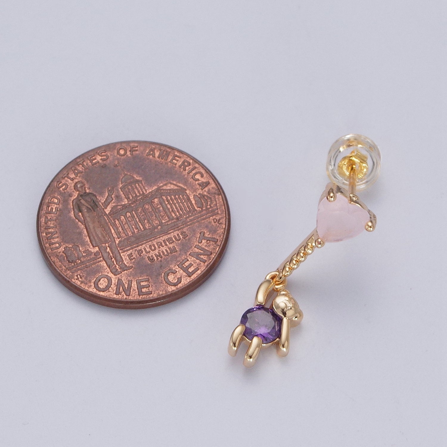24K Gold Filled Cute CZ Pink Heart Studs with Tiny Bear Purple Cubic Zirconia Charm Dangle Earrings, W-751 - DLUXCA