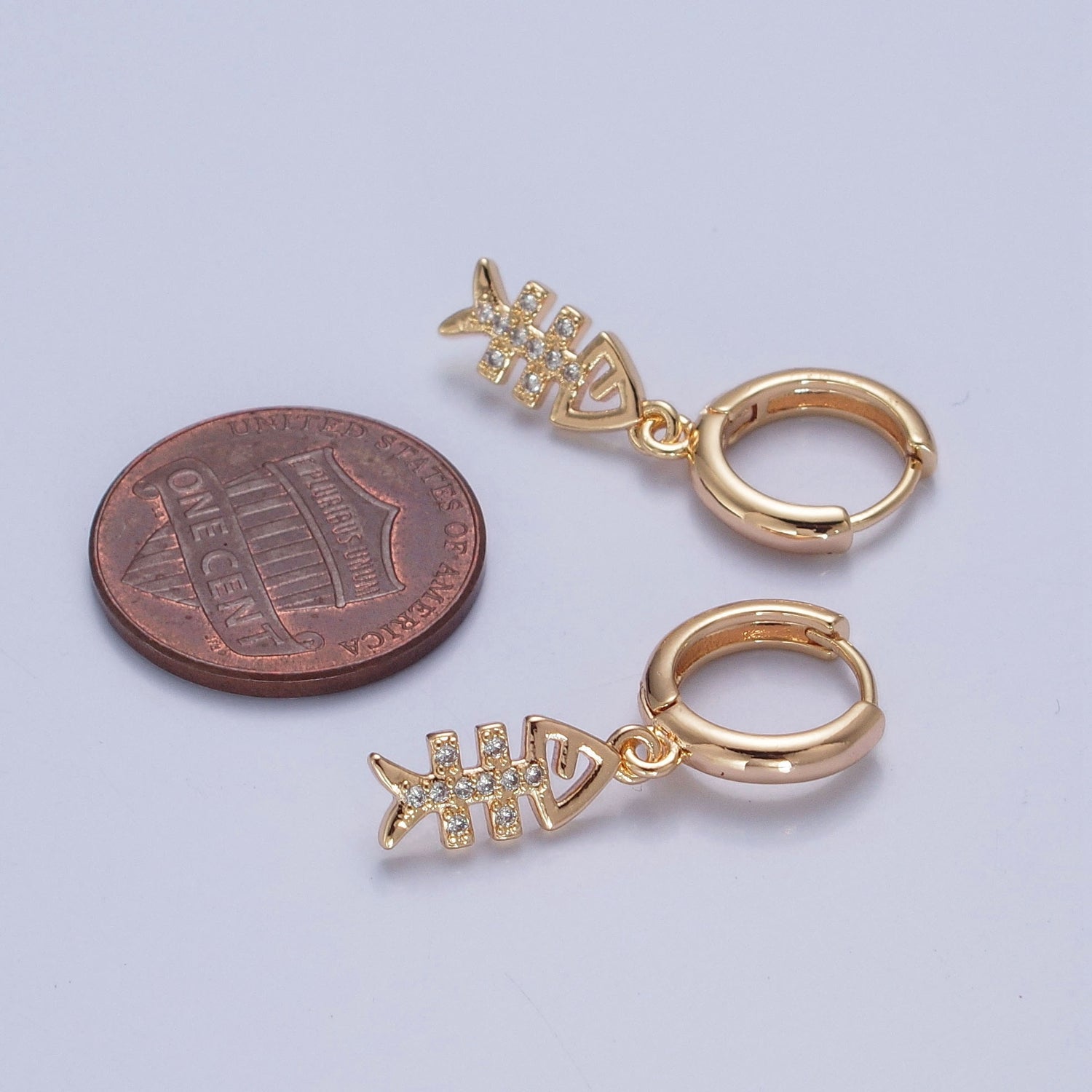 24K Gold Filled Micro Pave Cubic Zirconia Fish Bone Charm Dangle Huggie Hoop Earrings W772 - DLUXCA