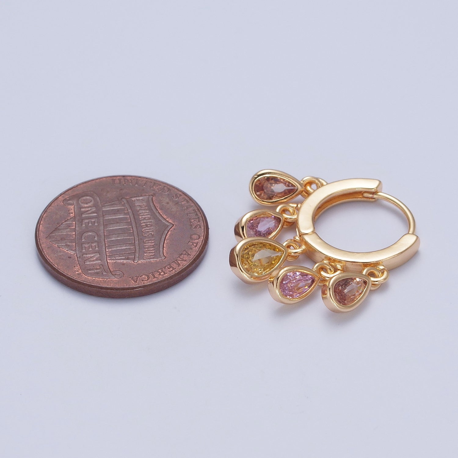 Duo Peach & Pink Cubic Zirconia Teardrop Charm Dangle Earrings Huggie Hoop W708 - DLUXCA