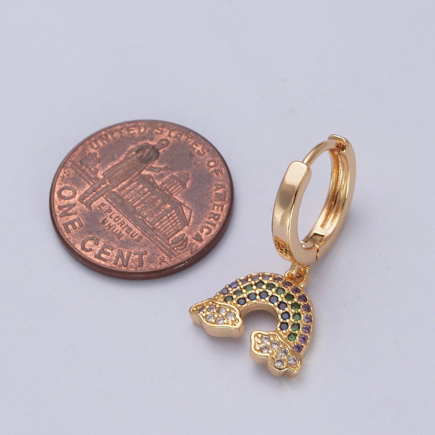 24K Gold Filled Micro Pave CZ Rainbow Charm Huggie Hoop Earrings W-740 - DLUXCA