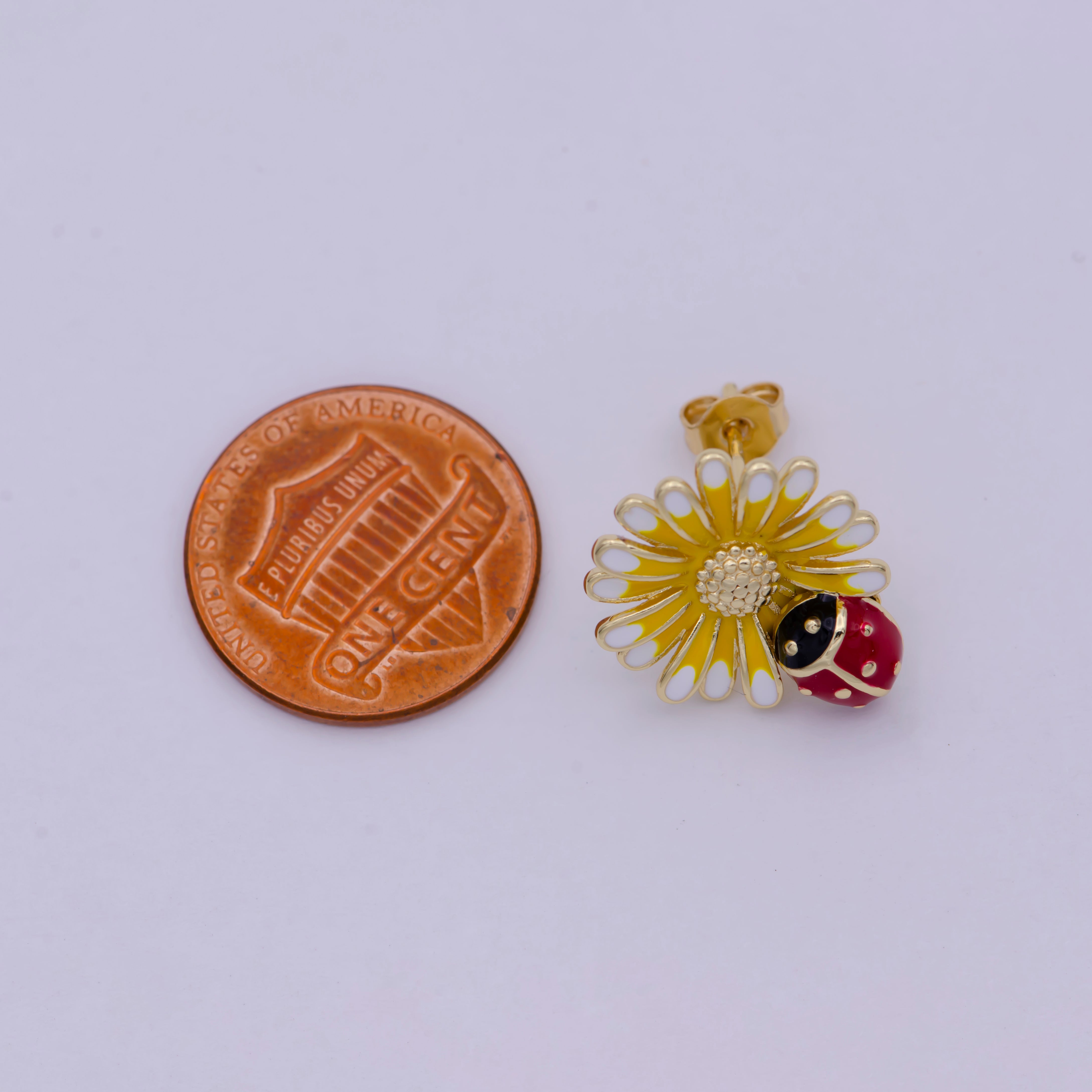 Dainty Sun Flower With Lady Bug Stud Earring Yellow Red Enamel - DLUXCA