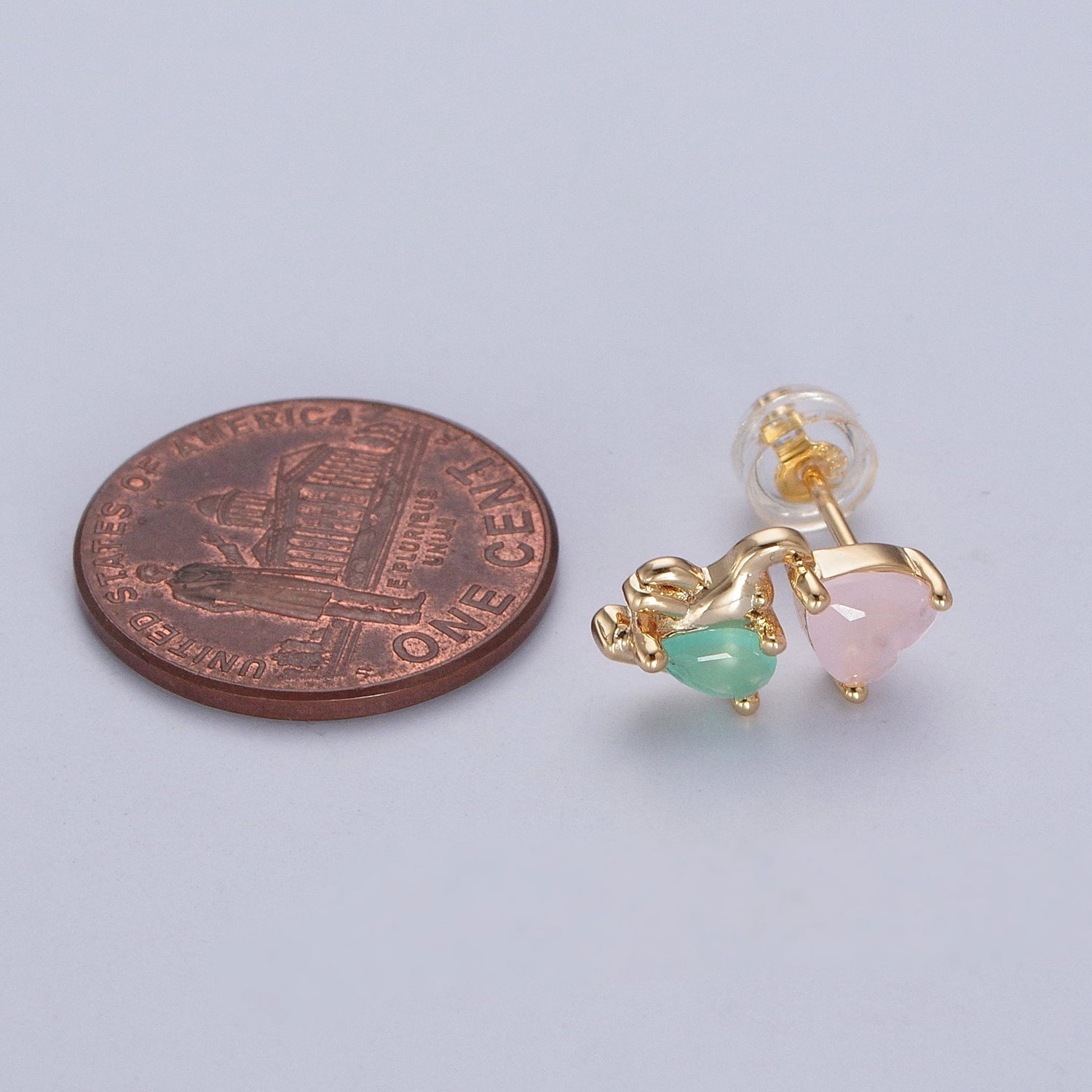 24K Gold Filled Dainty Pink CZ Heart with Green CZ Elephant Stud Earrings W-743 - DLUXCA