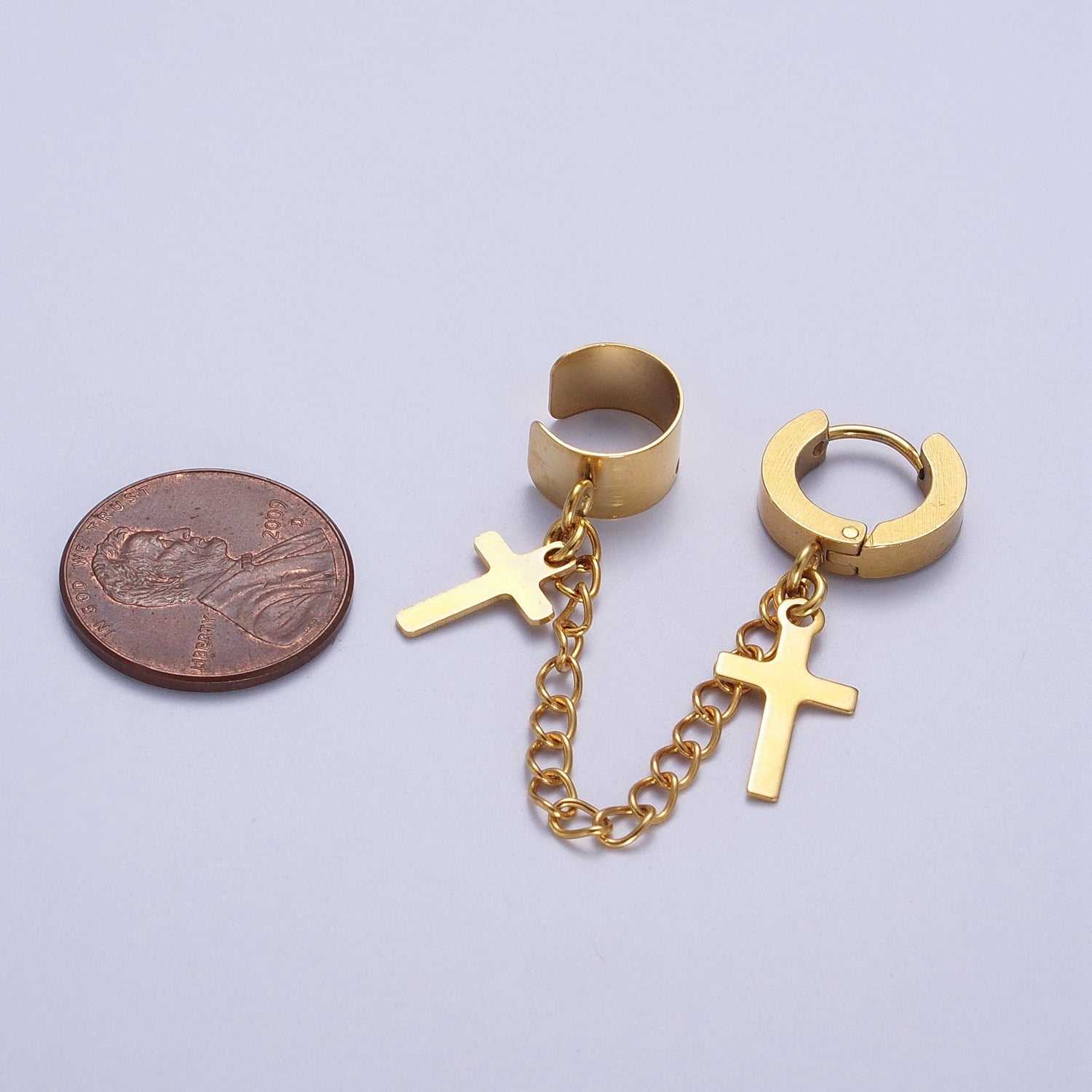 24K Gold Filled Religious Cross Chain Linked Huggie & Ear Cuff | Y175 - DLUXCA