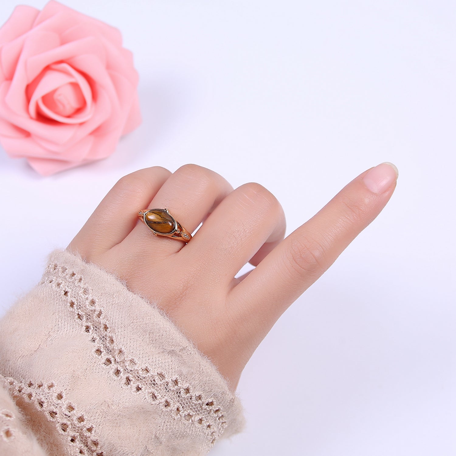 Gold Tiger Eye Rings | Oval Gemstone Signet Ring | Gold Gem Stone Rings | Chunky Gold Statement Ring U-373 - DLUXCA