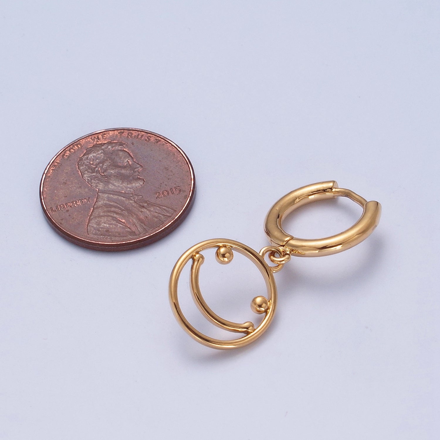 Minimalist 24K Gold Filled Open Smiley Face Charm Dangle Drop Huggie Hoop Earrings W719 - DLUXCA