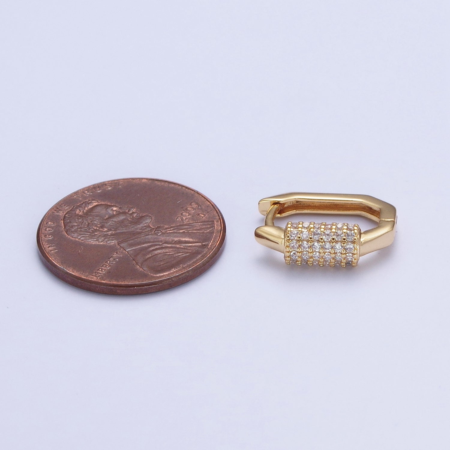 24K Gold Filled Micro Pave Long Oval Hexagonal Huggie Hoop T-033 - DLUXCA