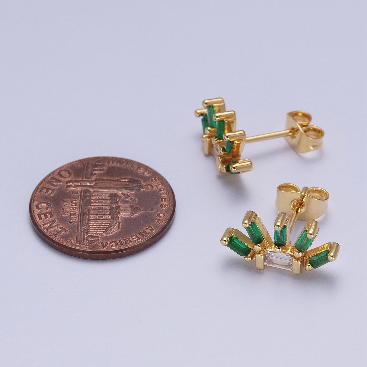 24K Gold Filled Multiple Green & Clear Baguette Cubic Zirconia Plant Flower Stud Earrings X-861 - DLUXCA