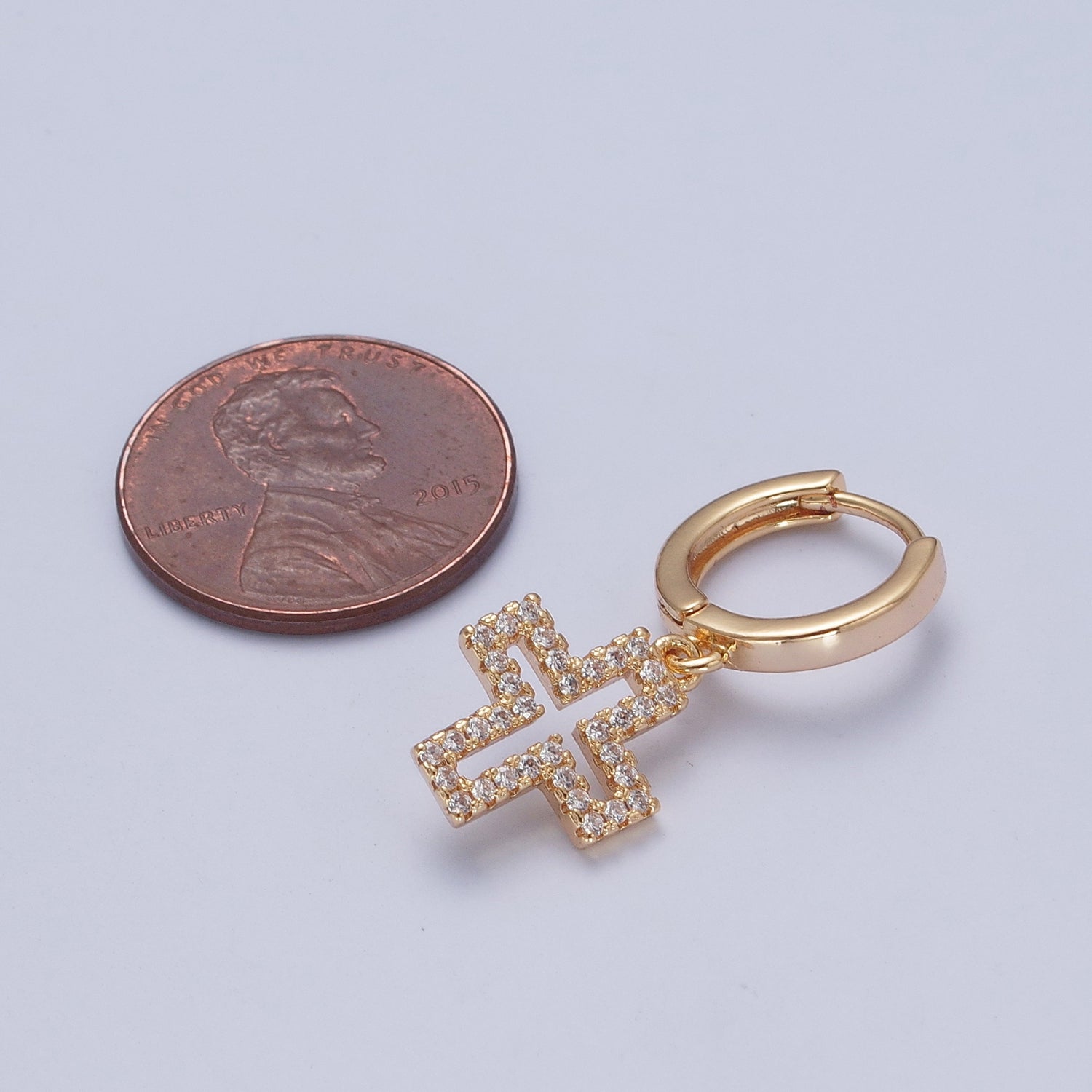 24K Gold Filled Micro Pave Cubic Zirconia Religious Cross Charm Dangle Huggie Hoop Earrings W716 - DLUXCA