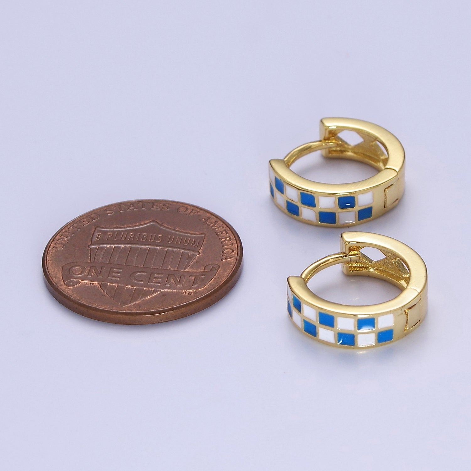 24K Gold Filled Enamel Checker Hoops Earring Retro Gold Huggie Earrings V-131 V-132 - DLUXCA